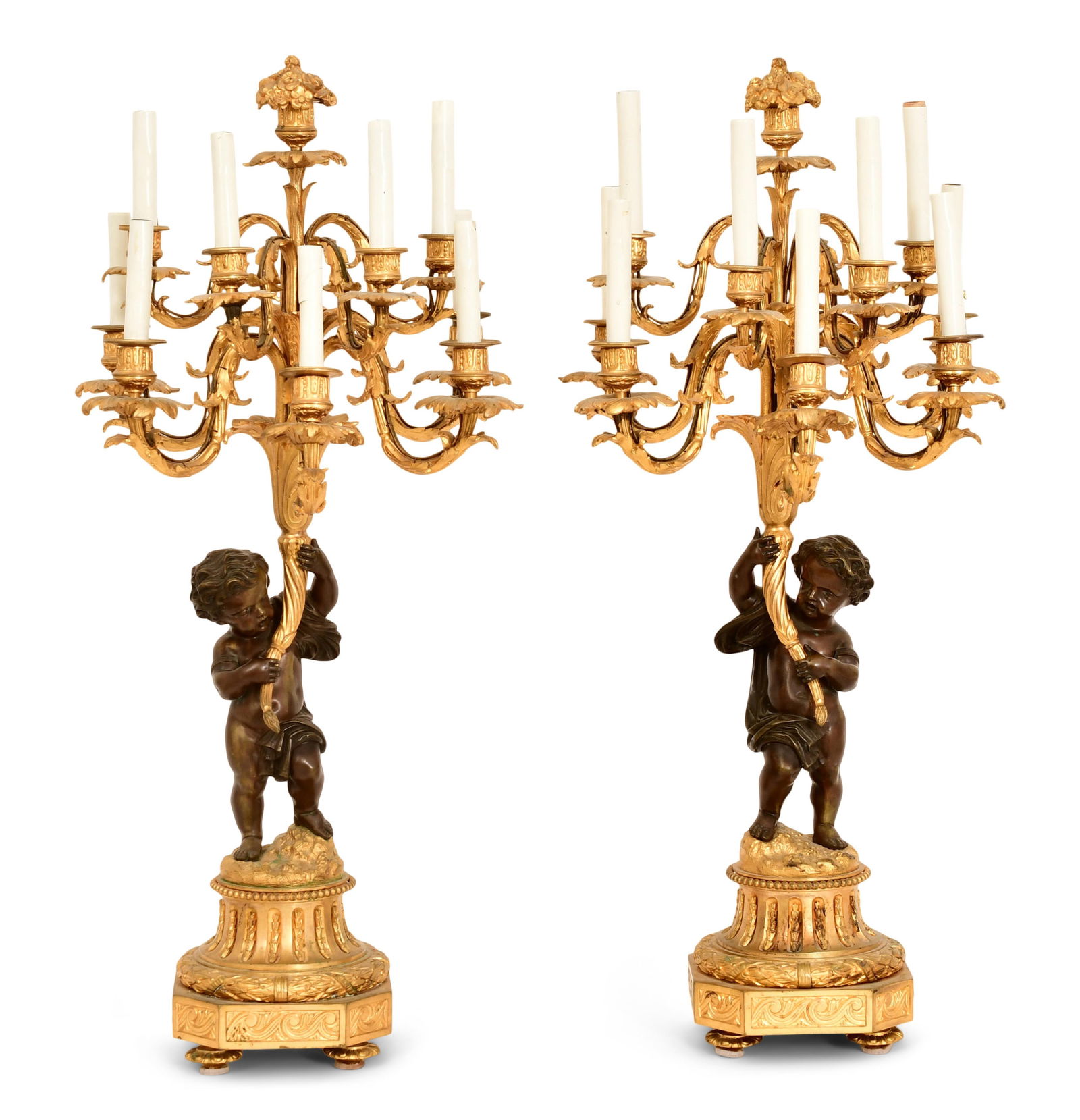 A Pair of French Gilt & Patinated Bronze Figural Candelabra: A Pair of French Gilt & Patinated Bronze Figural Candelabralate 19th century34 x 15 x 11 inches