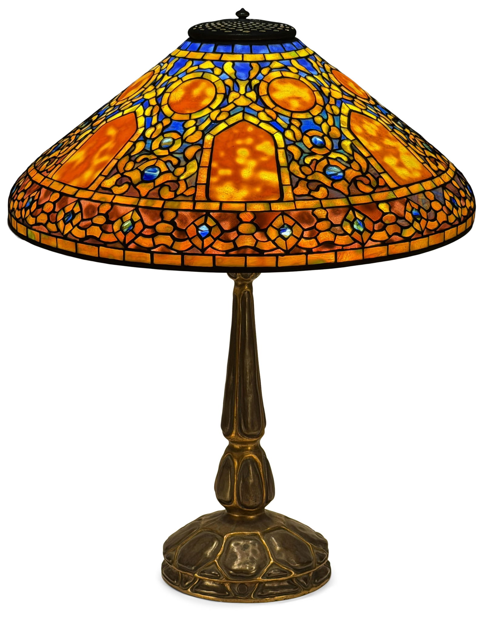 Tiffany Studios "Russian" Table Lamp: Tiffany Studios "Russian" Table Lamp circa 1910 with a "Faux Turtle-Back" base leaded glass, gilt bronze shade impressed "Tiffany Studios, New York, 1910" base impressed "Tiffany Studios, New York, 58
