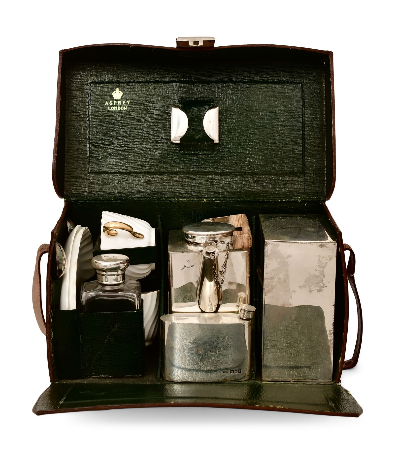 Sterling Silver, Porcelain & Leather Picnic Set, Asprey, London (1 of 8)