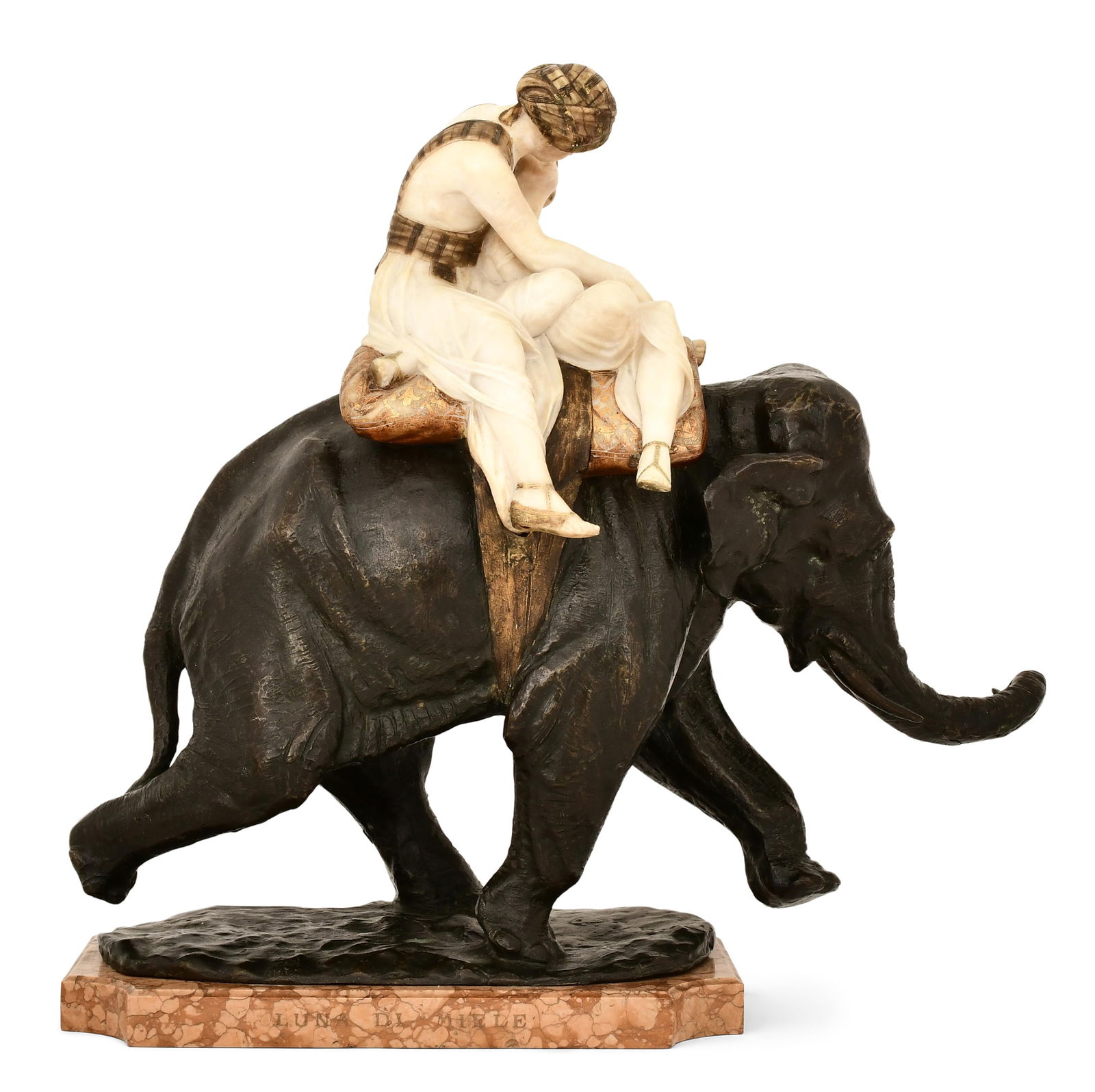 Sirio Tofanari (Italian, 1886 -1969), "Luna Di Miele" (Honeymoon): Sirio Tofanari (Italian, 1886 -1969) "Luna Di Miele" (Honeymoon) patinated bronze, alabaster, marble signed "Tofanari, Sirio" and titled 20 x 20 1/2 x 9 inches