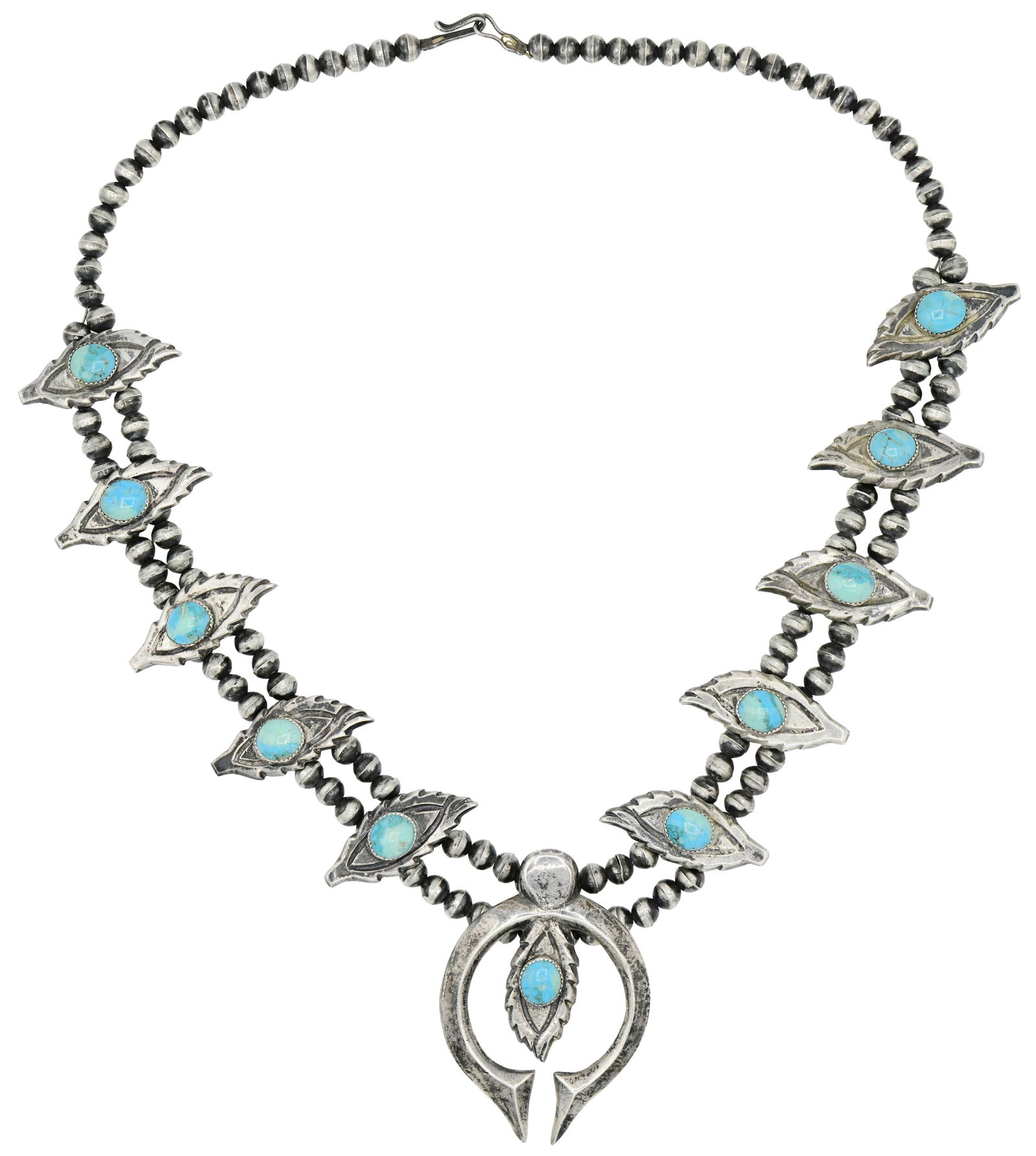 Sterling Silver & Turquoise Navajo Old Pawn Squash Blossom Necklace with Naja (1 of 3)