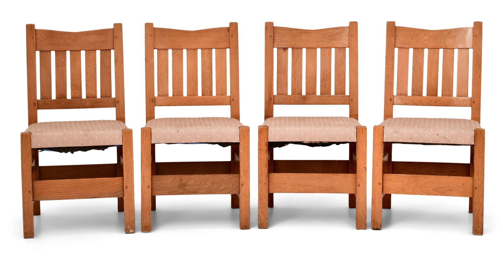Gustav Stickley (1858-1942), Set of Four No. 354 1/2 "V-Back" Dining Chairs: Gustav Stickley(American, 1858-1942)Set of Four No. 354 1/2 "V-Back" Dining Chairsoakunsigned36 x 18 x 16 inches