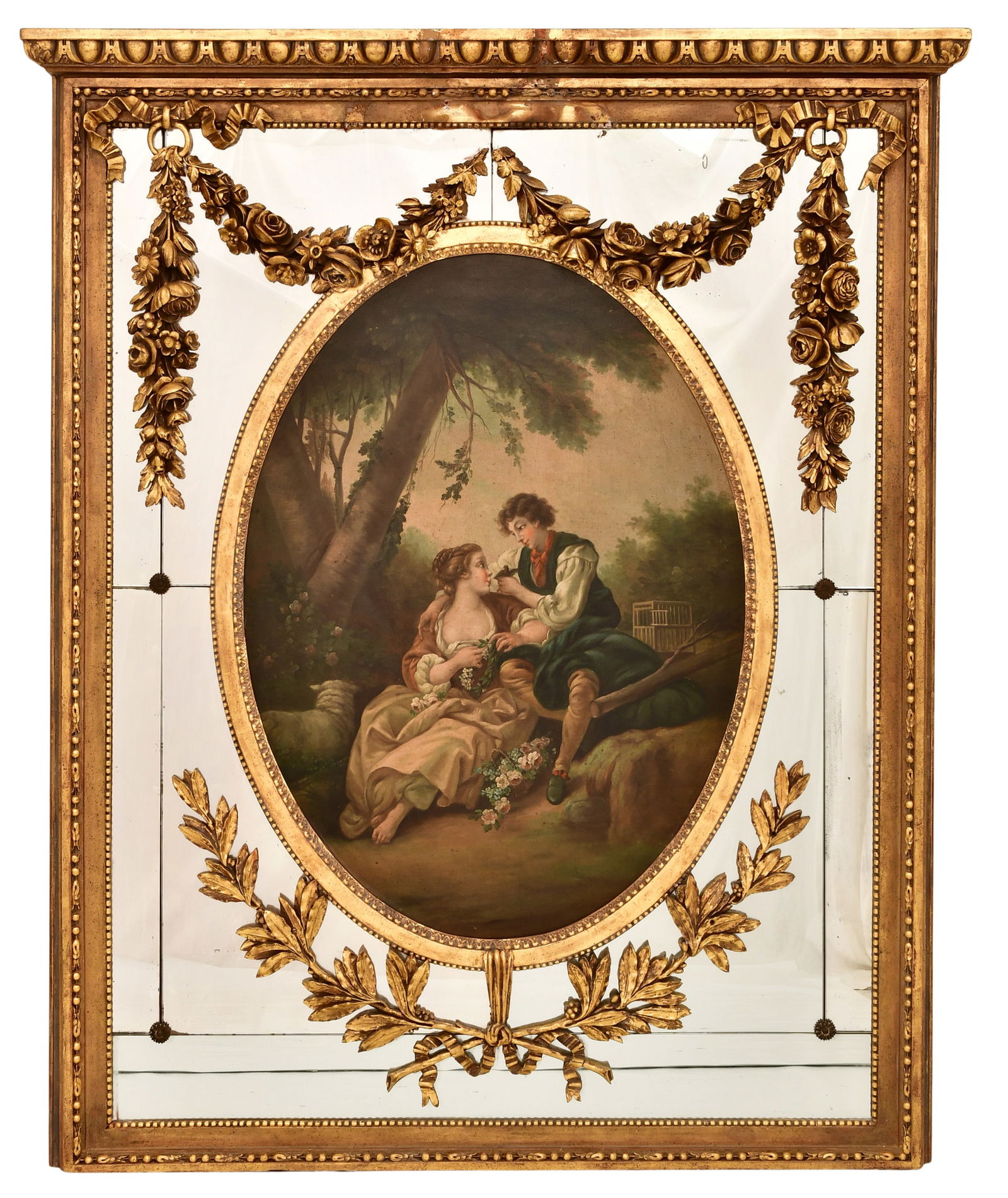 Continental Carved Giltwood Mirror with Painting: Continental Carved Giltwood Mirror with Painting late 19th century 60 x 50 1/2 x 4 inches