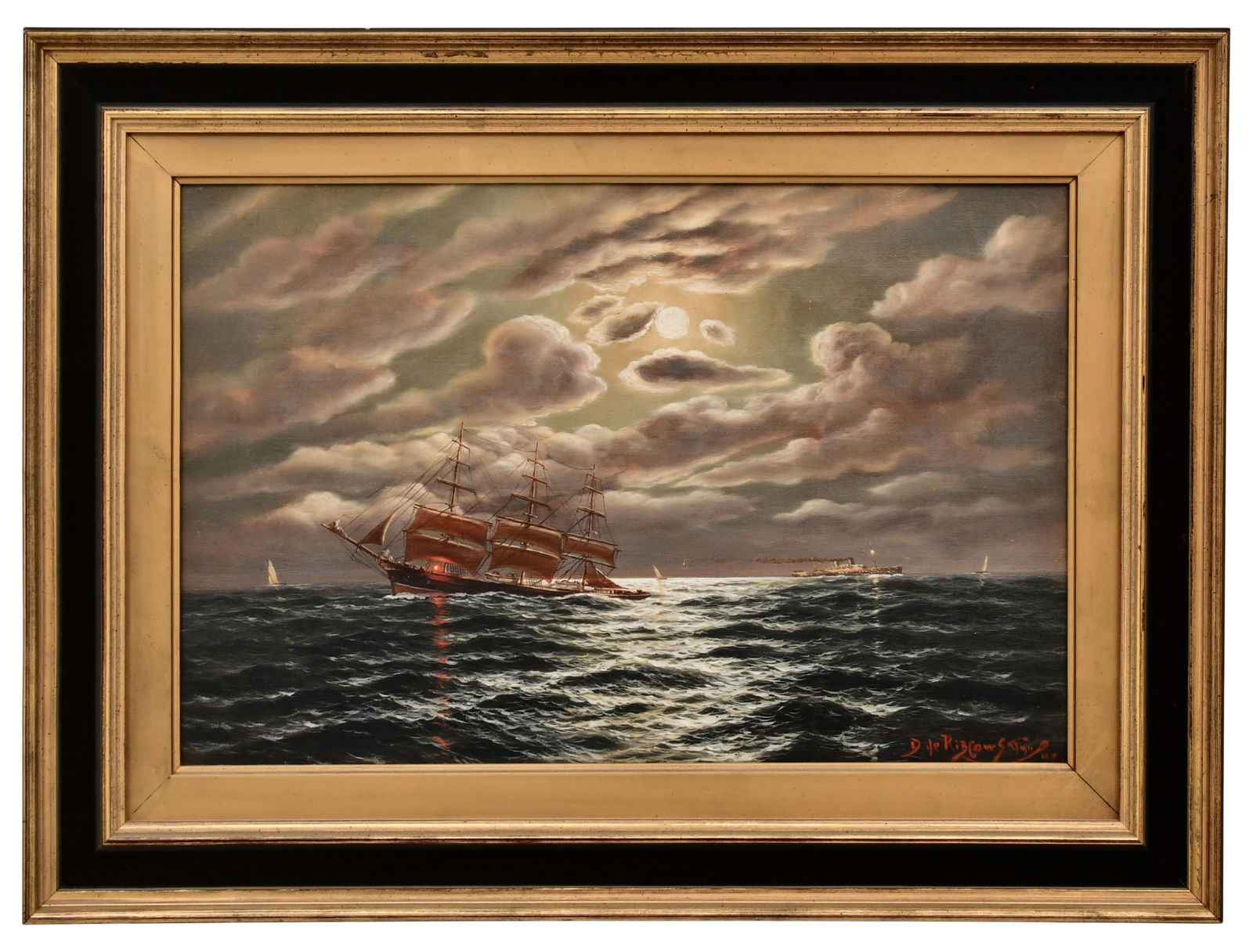 Richard Dey De Ribcowsky (Bulgarian/American, 1880-1936), Moonlit Seascape with Sailing Ships: Richard Dey De Ribcowsky(Bulgarian/American, 1880-1936)Moonlit Seascape with Sailing Shipsoil on canvassigned "D. De Ribcowsky, N.Y." (lower right)11 1/2 x 17 1/4 inches (sight)17 3/4 x 23 3/4 inches