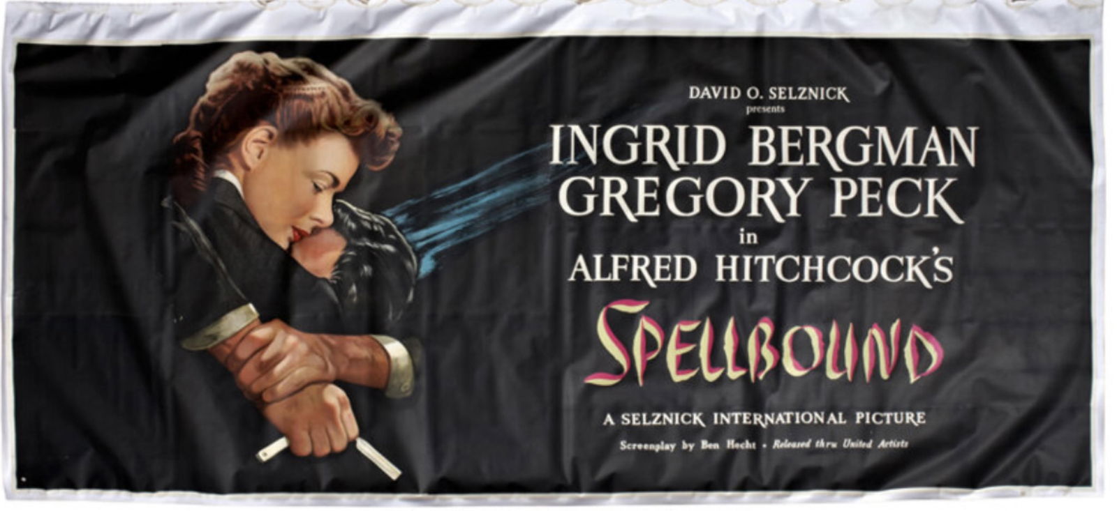 A Monumental United Artists Movie Poster, Spellbound by Alfred Hitchcock, Ingrid Bergman & Gregory: A Monumental United Artists Movie Poster, Spellbound by Alfred Hitchcock, Ingrid Bergman & Gregory Peck circa 1945 Alfred Hitchcock's study of psychoanalysis and murder is a tautly paced thriller