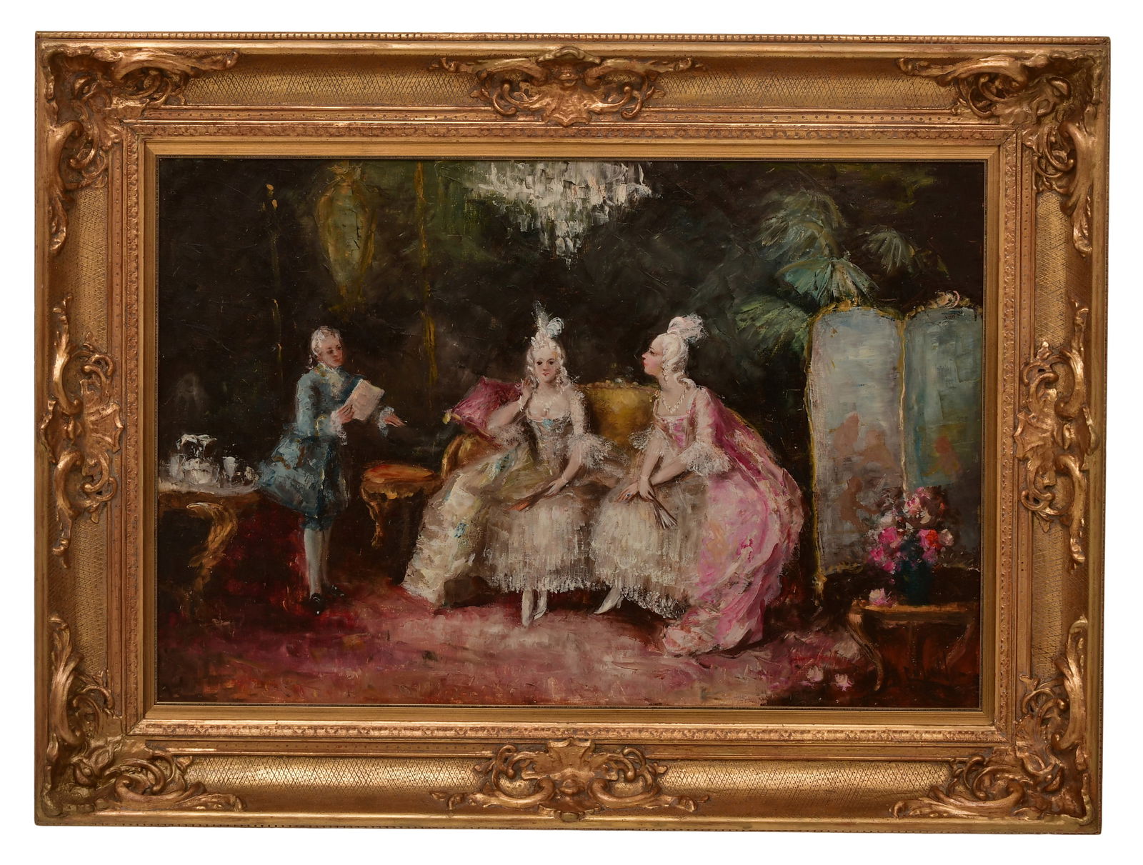 Continental Interior Scene with Elegant Figures, 20th Century, Signed Lower Right: Continental Interior Scene with Elegant Figures, 20th Century, Signed Lower Right 23 1/2 x 35 1/2 inches (sight) 34 1/2 x 46 1/2 inches (frame) Provenance: Private Collection, Pennsylvania