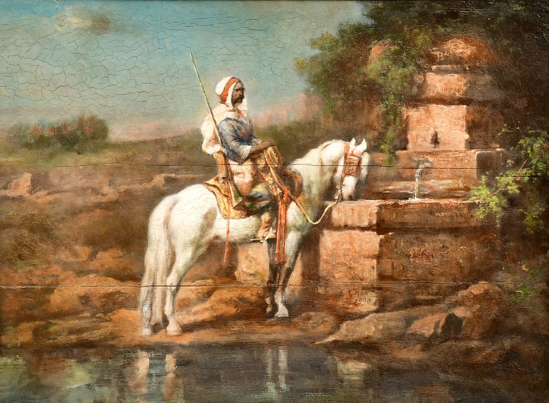 Arab Warrior on Horseback at a Well, Oil on Panel (1 of 4)