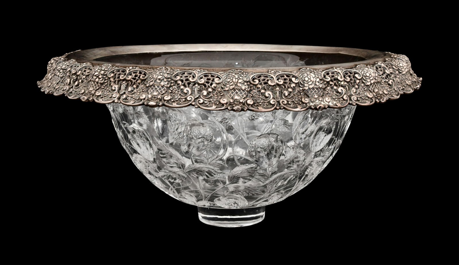 Gorham Sterling Silver-Mounted Intaglio Carved Glass Strawberry Bowl: Gorham Sterling Silver-Mounted Intaglio Carved Glass Strawberry Bowl early 20th century stamped with maker's mark and "Sterling" 7 3/4 x 17 inches