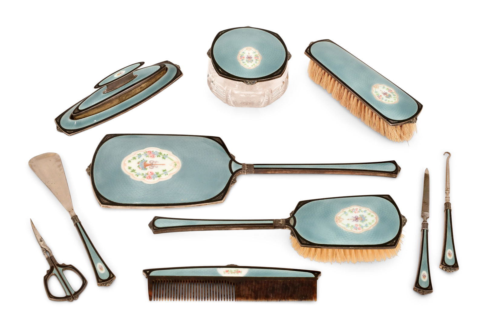 Sterling Silver & Guilloche Enamel Travel Set: Sterling Silver & Guilloche Enamel Travel Set 19th century 15 1/2 x 4 3/4 inches (mirror)