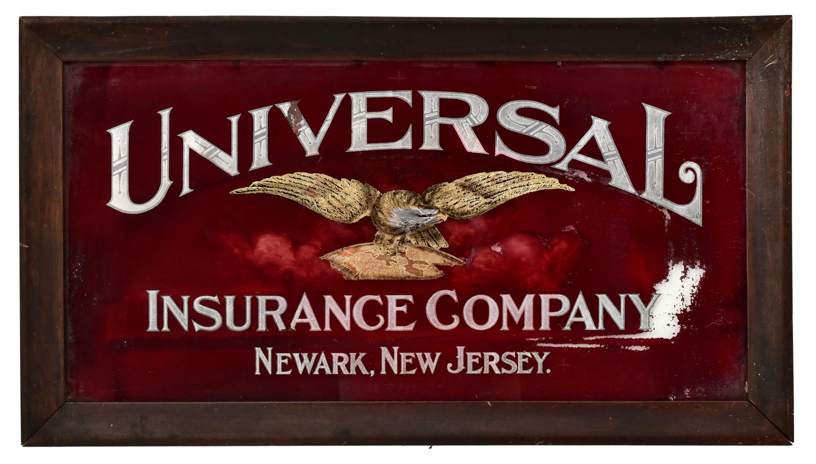 Universal Insurance Company Reverse-Painted Glass Sign: Universal Insurance Company Reverse-Painted Glass Sign 14 1/2 x 26 1/2 inches
