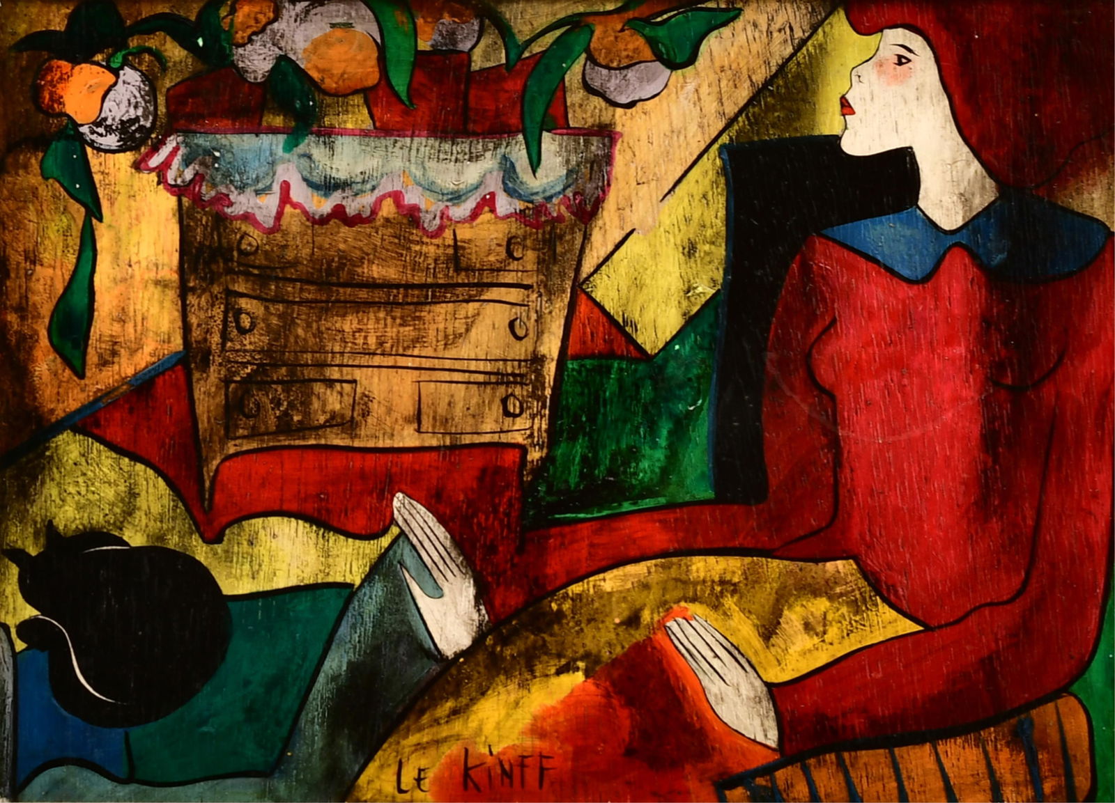 Linda Le Kinff (French, b. 1949), Woman with Cat: Linda Le Kinff (French, b. 1949) Woman with Cat oil on board signed "Le Kinff" 9 x 12 1/2 inches (sight) 17 x 20 1/2 inches (frame)