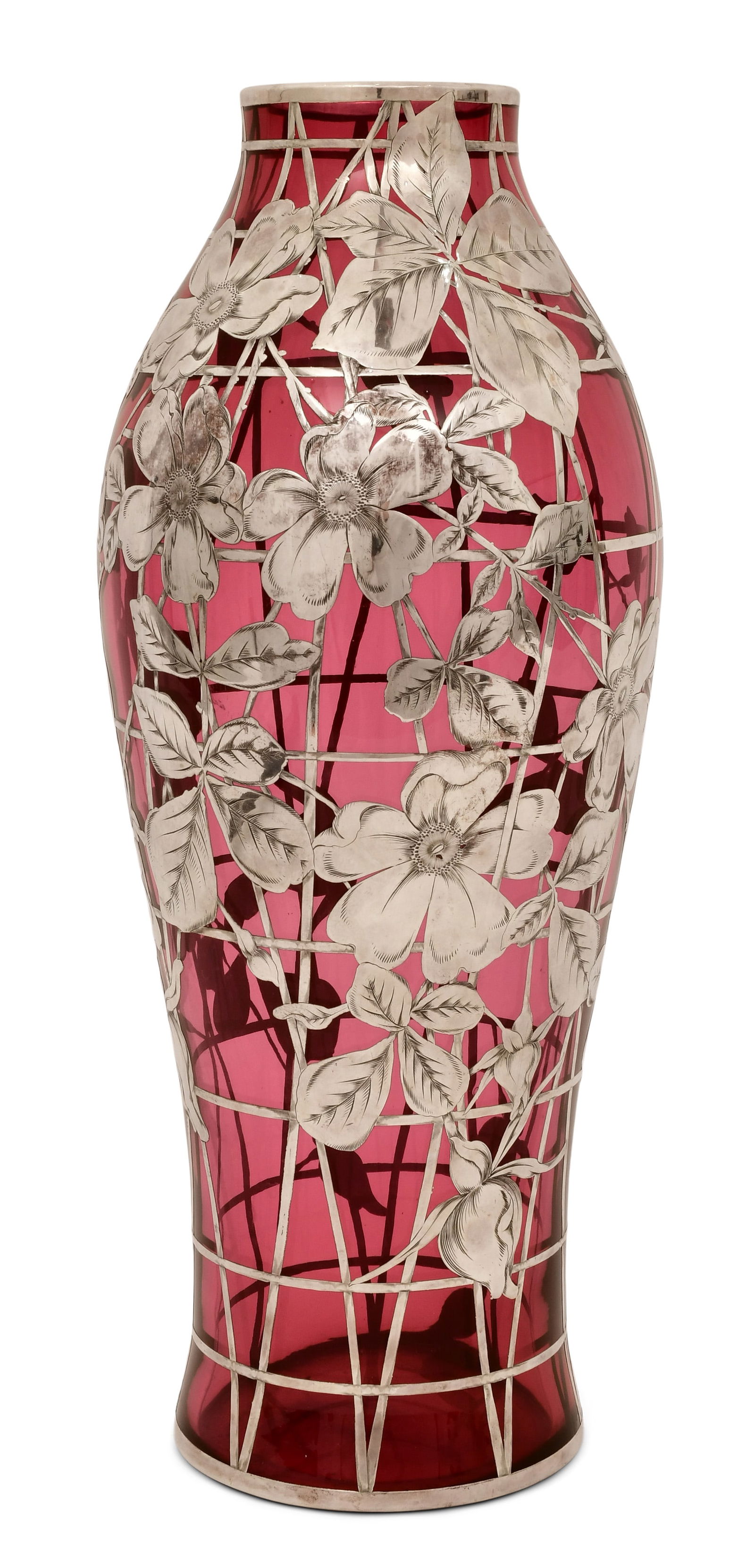 A Monumental Sterling Silver Overlay Cranberry Glass Vase: A Monumental Sterling Silver Overlay Cranberry Glass Vase early 20th century the vase decorated with leaves, flowers and vines, marked "Sterling Silver Depose" 18 x 7 1/2 inches