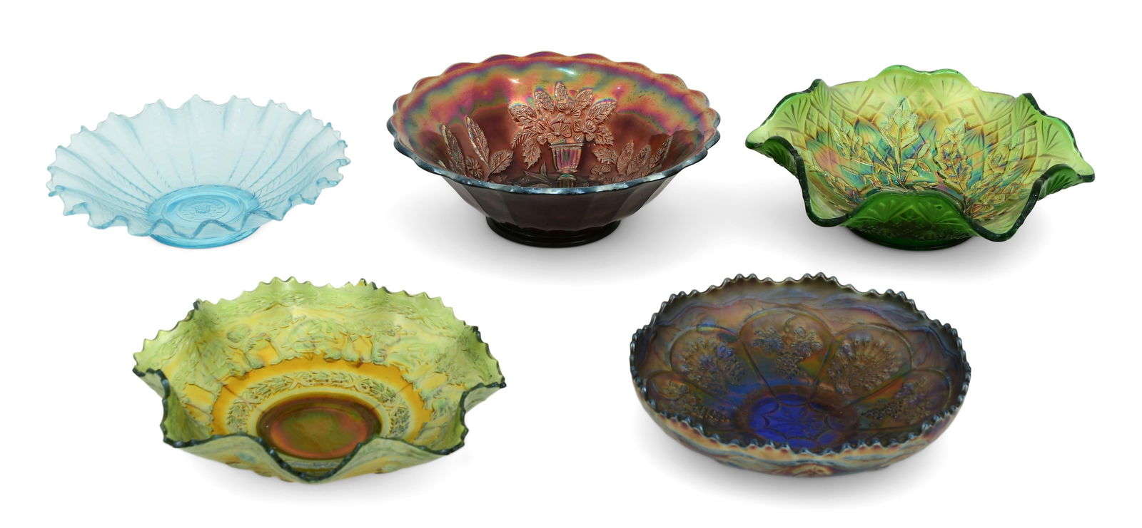 Lot of Five American Carnival Glass Bowls (1 of 1)