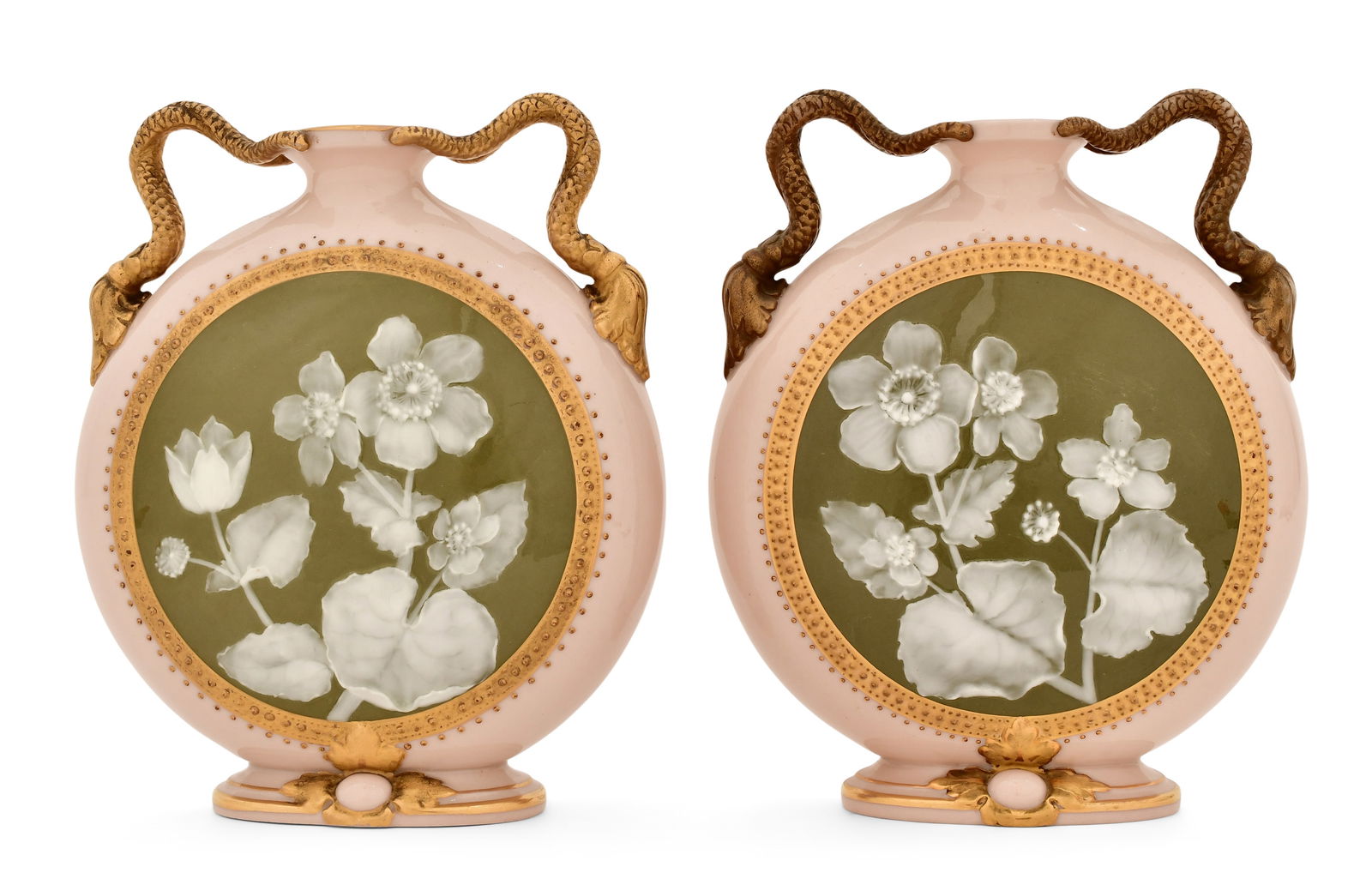 A Pair of English Pate-Sur-Pate Floral Vases: A Pair of English Pate-Sur-Pate Floral Vases circa 1900 each with serpentine handles and floral decoration 7 x 5 1/2 x 2 inches