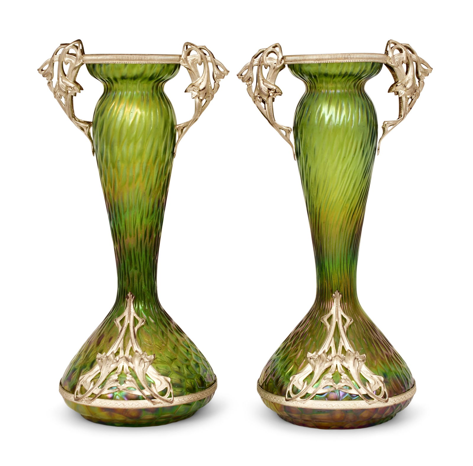 A Pair of Bohemian Pewter-Mounted Art Glass Vases: A Pair of Bohemian Pewter-Mounted Art Glass Vases early 20th century 11 x 5 1/2 x 4 3/4 inches Provenance: Private Collection, Florida