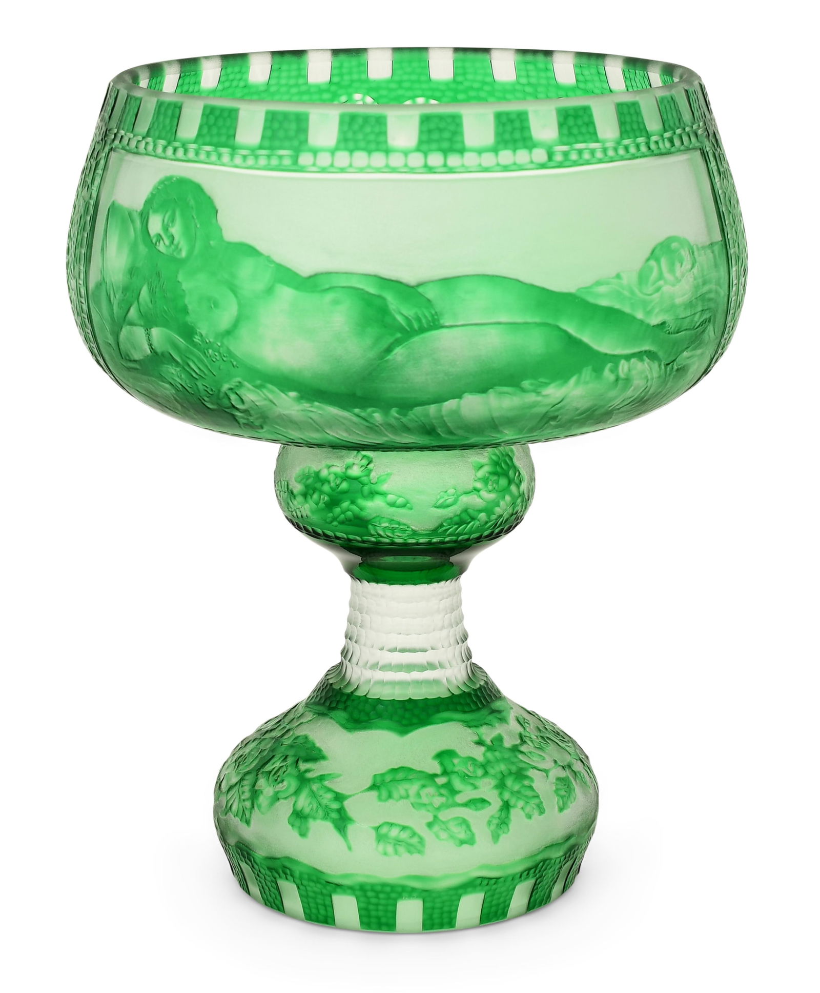 Venetian Green-Cut-To-Clear Glass Centerpiece: Venetian Green-Cut-To-Clear Glass Centerpiece mid-20th century the etched glass decorated with a nude woman and flowers 12 x 9 1/2 inches