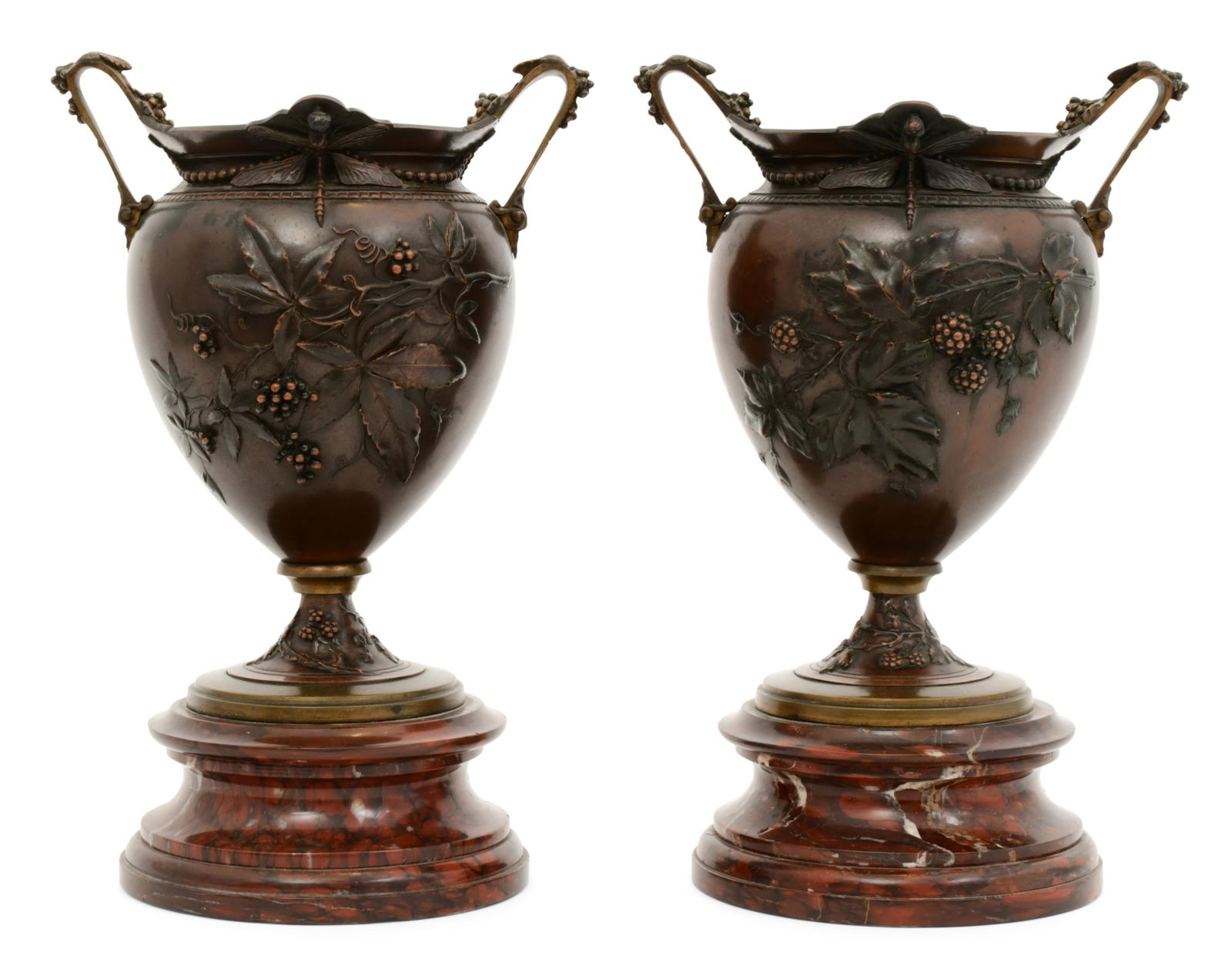 Pair of French Bronze & Rouge Marble Two-Handled Vases by L. Oudry & Cie: Pair of French Bronze & Rouge Marble Two-Handled Vases by L. Oudry & Cie late 19th century each decorated with dragonflies, leaves and berries, marked "L. Oudry Pre. Editeur" 12 x 7 3/4 x 6 inches