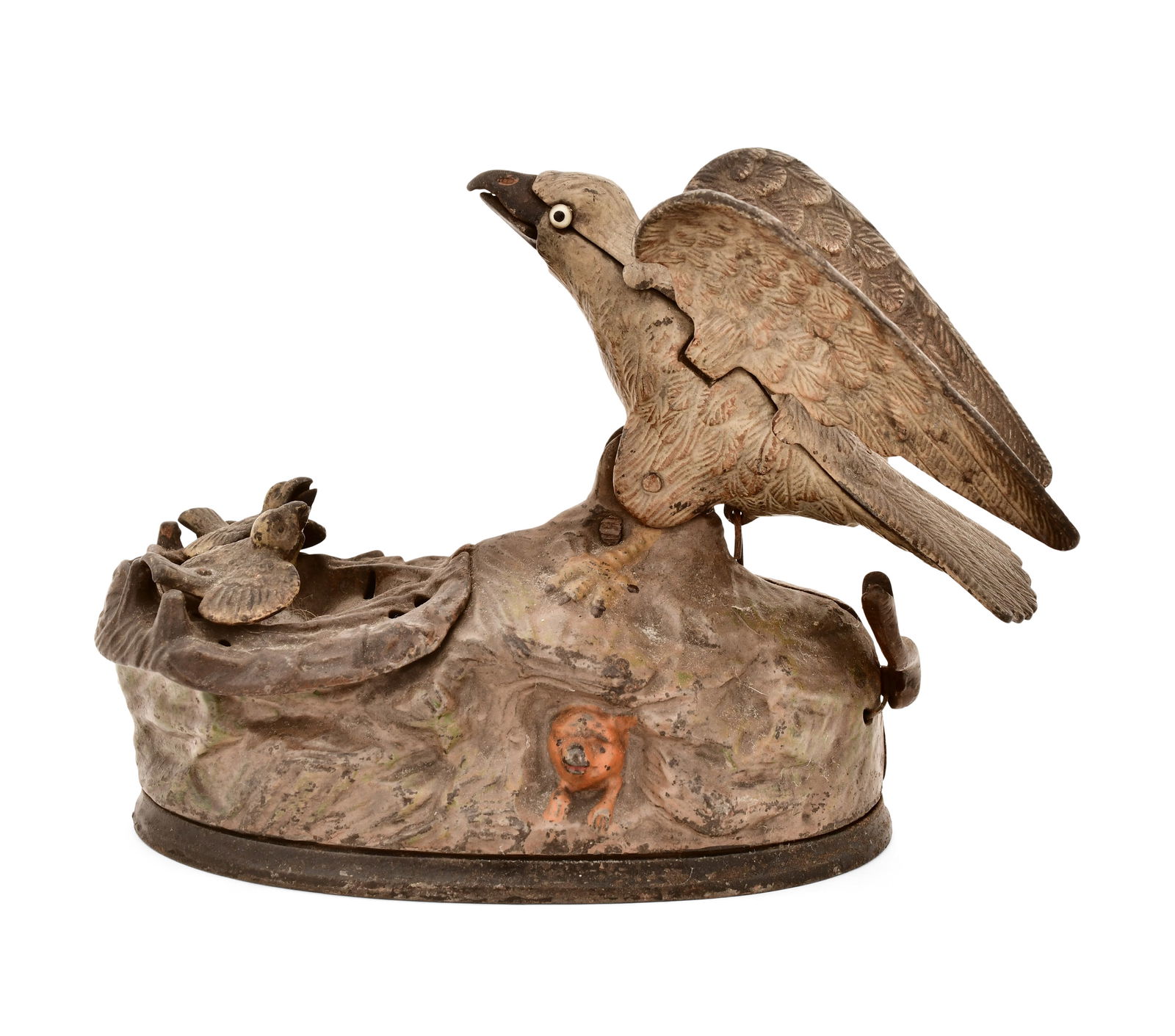 J. & E. Stevens "Eagle & Eaglets" Cast Iron Mechanical Bank: J. & E. Stevens(Connecticut, est. 1843)"Eagle & Eaglets" Mechanical Banklate 19th centurycast ironimpressed "Pat. Jan. 23, 1883"6 x 89 1/4 x 4 inches