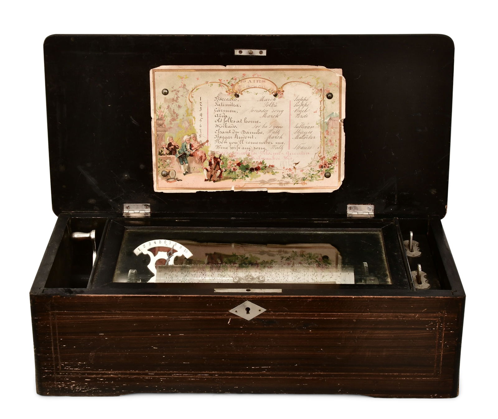 Swiss Inlaid Ten Tune Cylinder Music Box: Swiss Inlaid Ten Tune Cylinder Music Boxlate 19th century5 1/2 x 17 1/2 x 8 1/2 inches