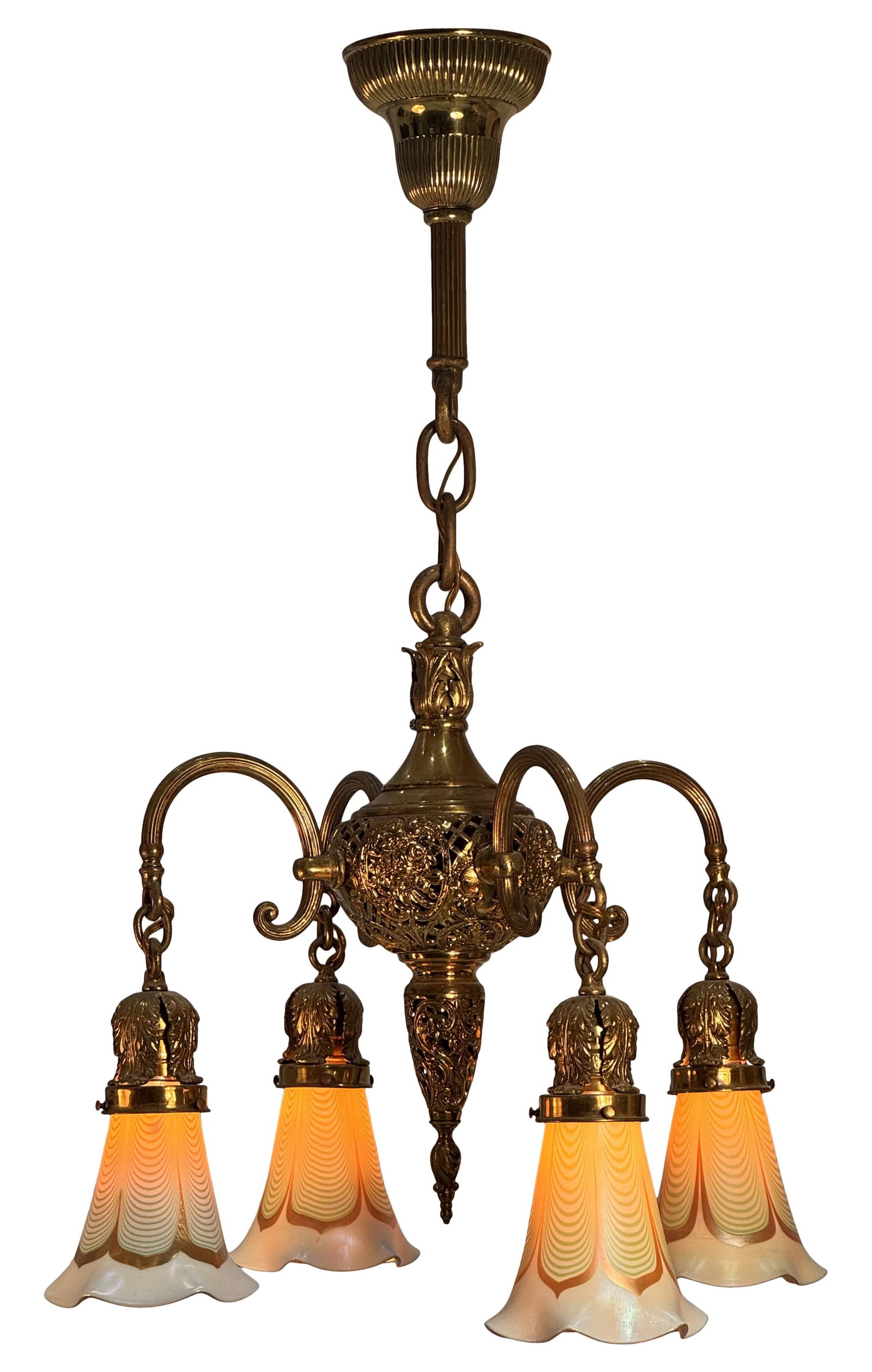 American Gilt Brass Four-Light Chandelier with Steuben "Pulled Feather" Shades (1 of 1)