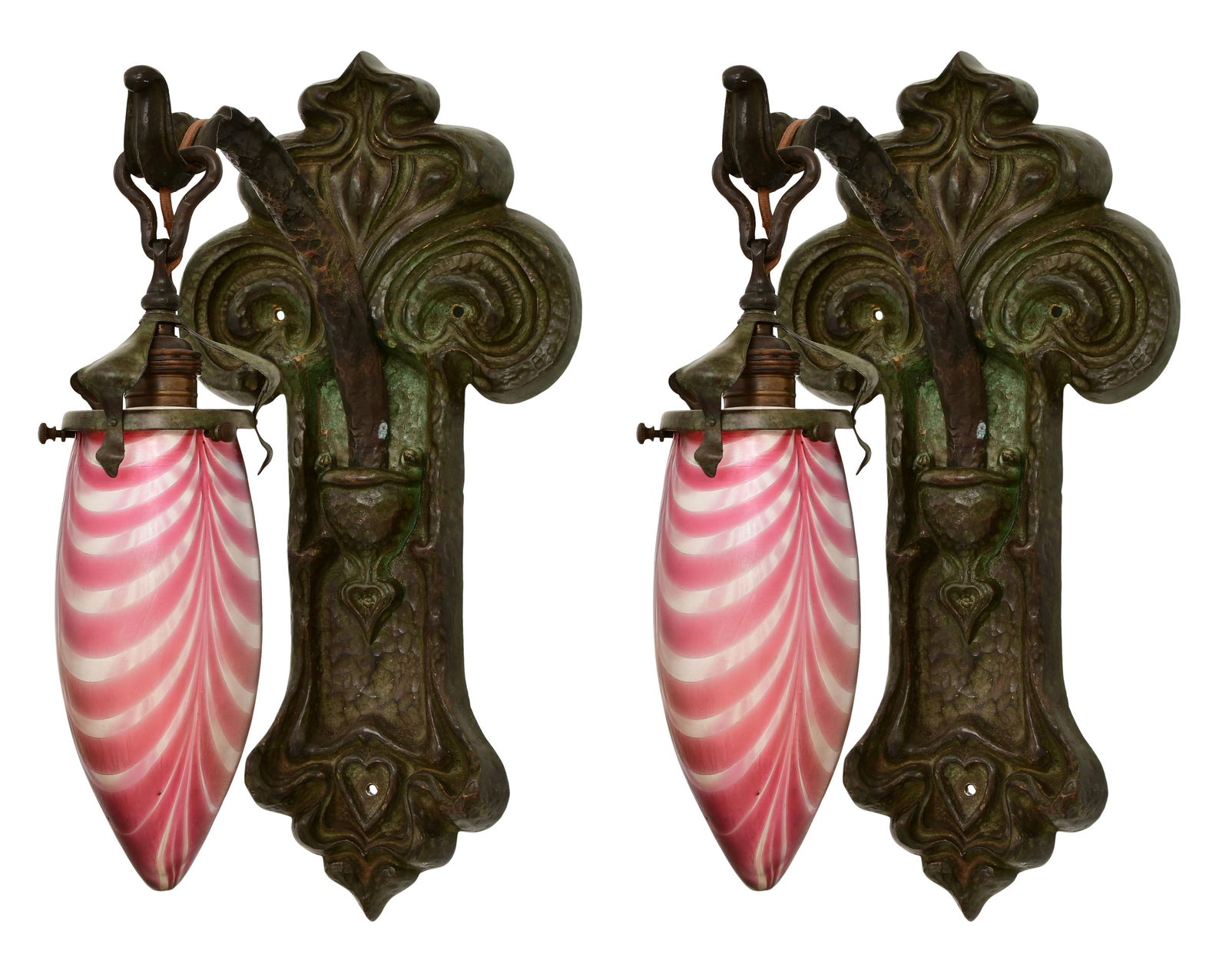 A Pair of French Art Nouveau Bronze Sconces with Art Glass Shades: A Pair of French Art Nouveau Bronze Sconces with Art Glass Shades early 20th century 19 x 9 x 12 inches