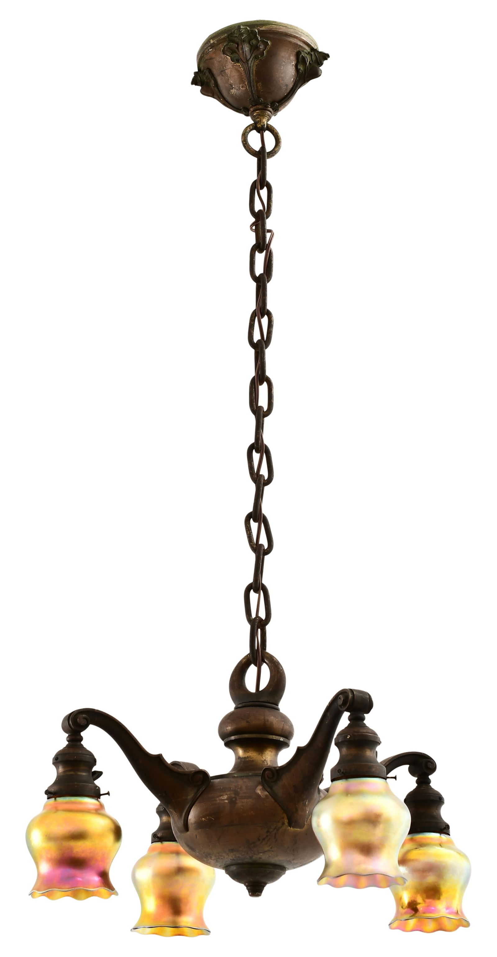 American Bronze Chandelier with Steuben Art Glass Shades: American Bronze Chandelier with Steuben Art Glass Shades early 20th century shades are unsigned 46 x 17 x 17 inches