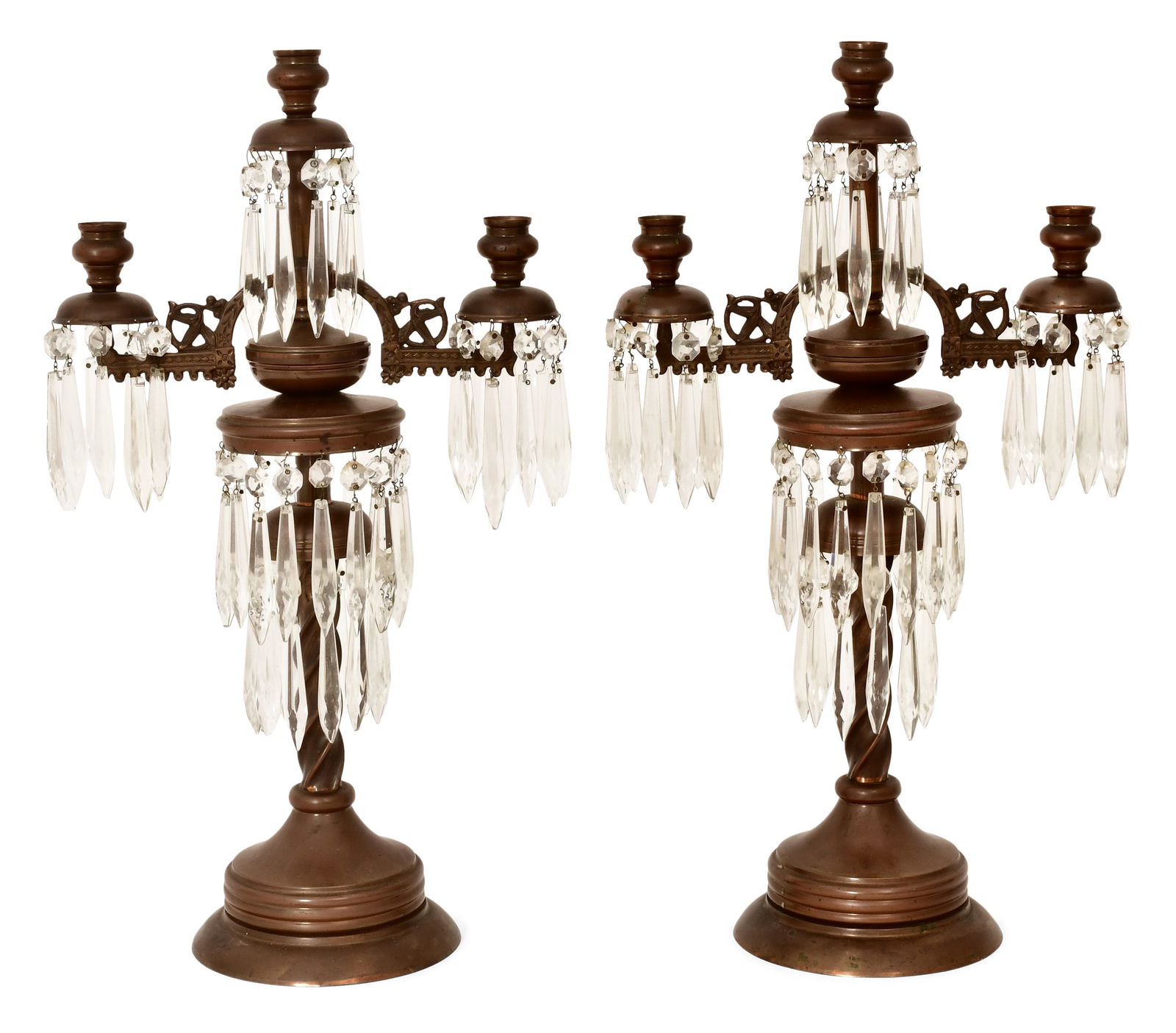 A Pair of American Aesthetic Movement Brass & Glass Candelabras: A Pair of American Aesthetic Movement Brass & Glass Candelabras circa 1885 19 3/4 x 11 x 5 3/4 inches