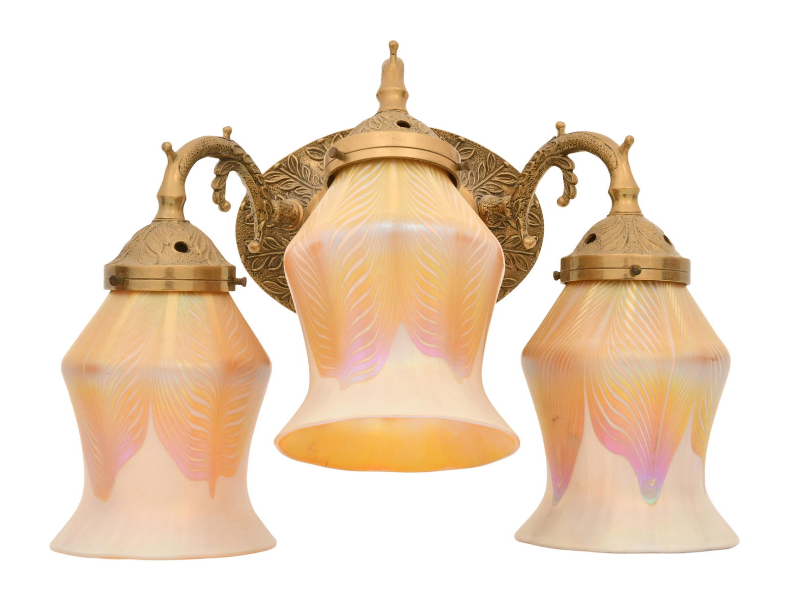 American Gilt Bronze Wall Sconce with Quezal Art Glass Shades (1 of 6)