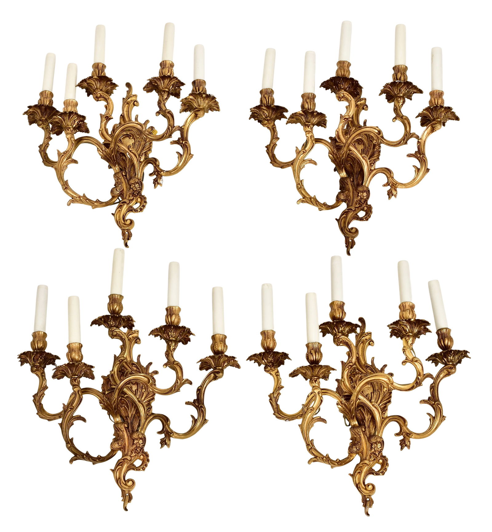 Set of Four French Gilt Bronze Wall Sconces: Set of Four French Gilt Bronze Wall Sconcesmid-20th century21 x 17 1/2 x 5 inchesProvenance: Private Collection, Boston, Massachusetts