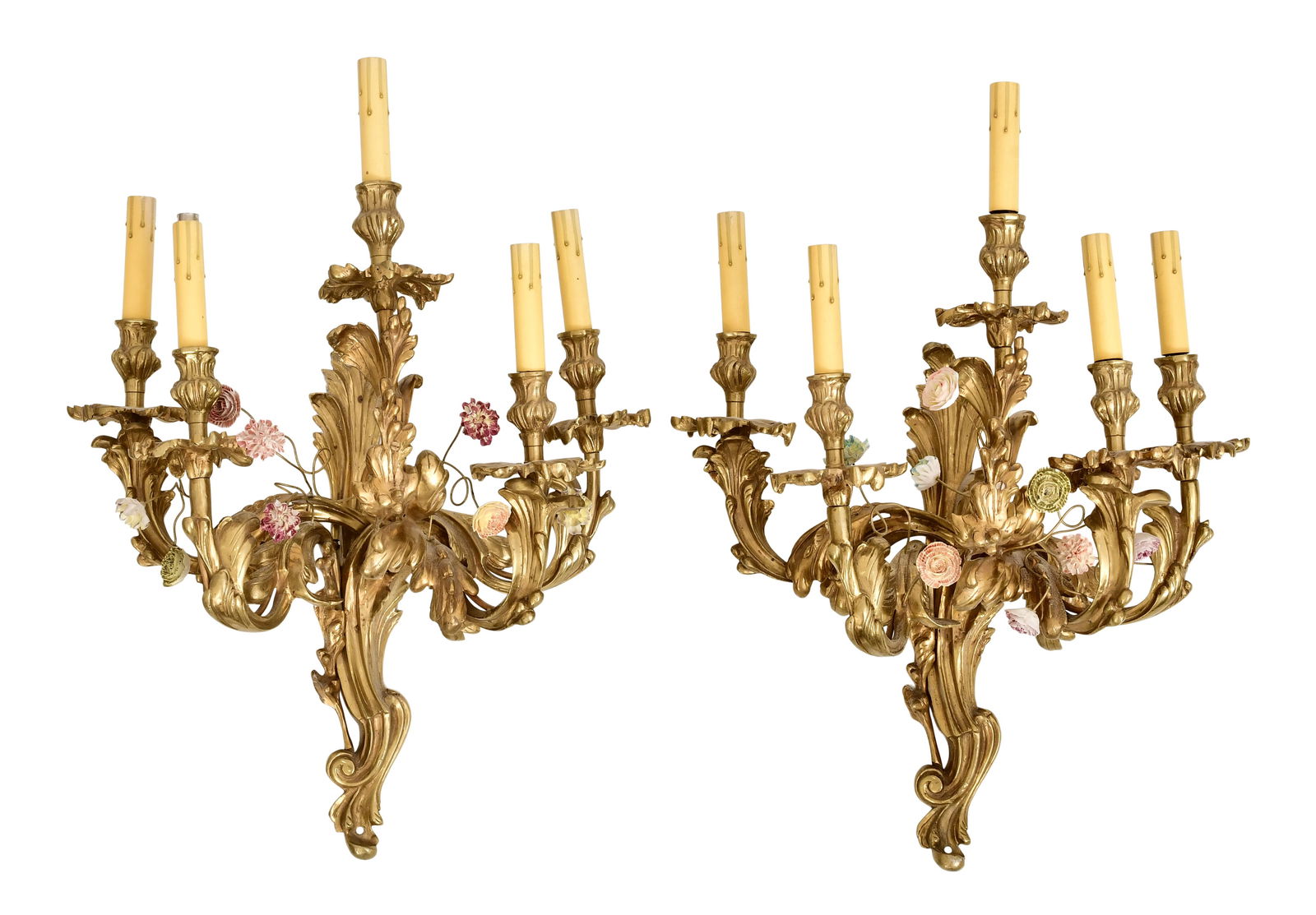 Set of Two French Late 20th Century Gilt Bronze Five-Light Scones: Set of Two French Late 20th Century Gilt Bronze Five-Light Scones 25 x 19 x 10 inches Provenance: Private Collection, Boston, Massachusetts