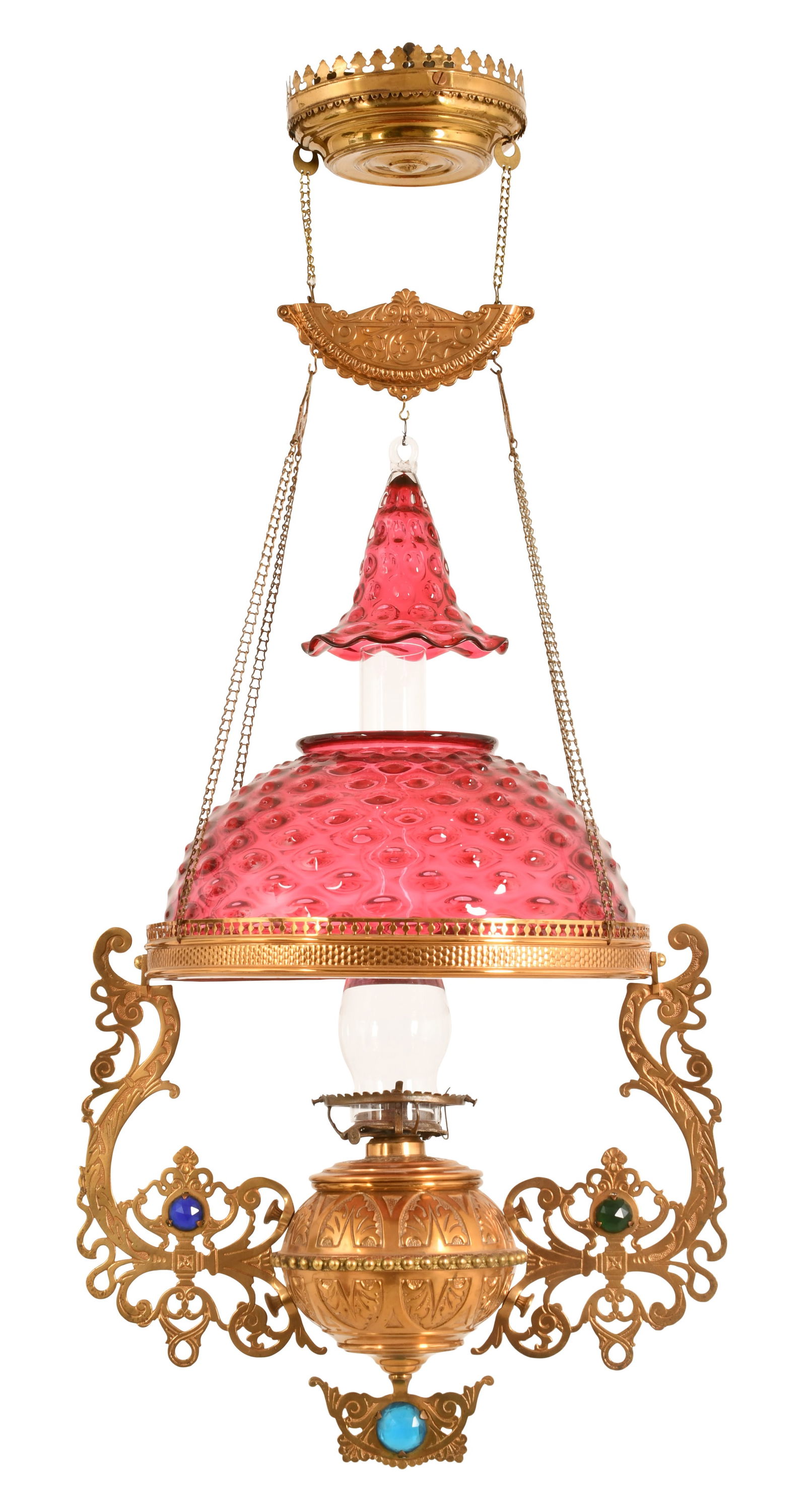 Victorian Brass, Jeweled & Vaseline Glass Hanging Library Lamp: Victorian Brass, Jeweled & Vaseline Glass Hanging Library Lamp 19th century 41 x 19 x 14 1/2 inches