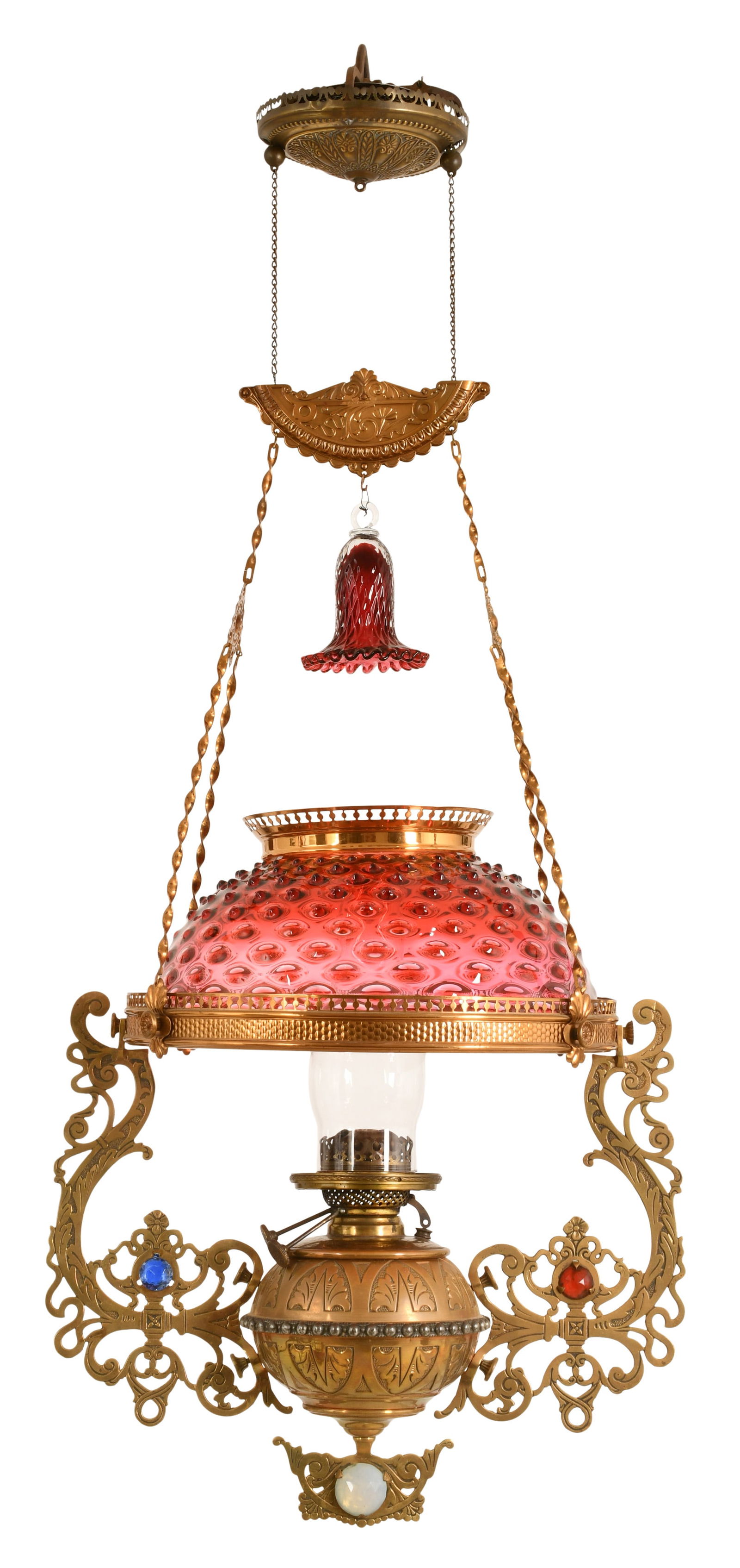 Victorian Brass, Jeweled & Vaseline Glass Hanging Library Lamp: Victorian Brass, Jeweled & Vaseline Glass Hanging Library Lamp 19th century 44 x 19 x 4 1/2 inches
