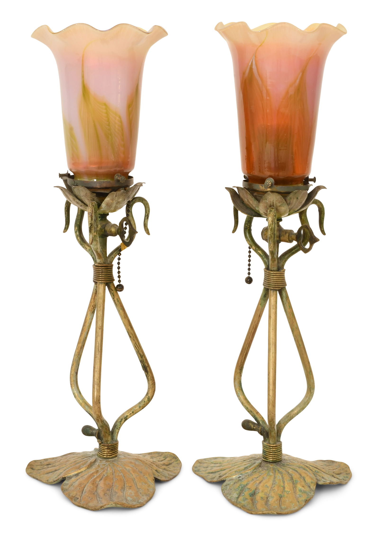 A Pair of Art Nouveau Gilt Metal Candle Lamps with Art Glass Shades (1 of 1)