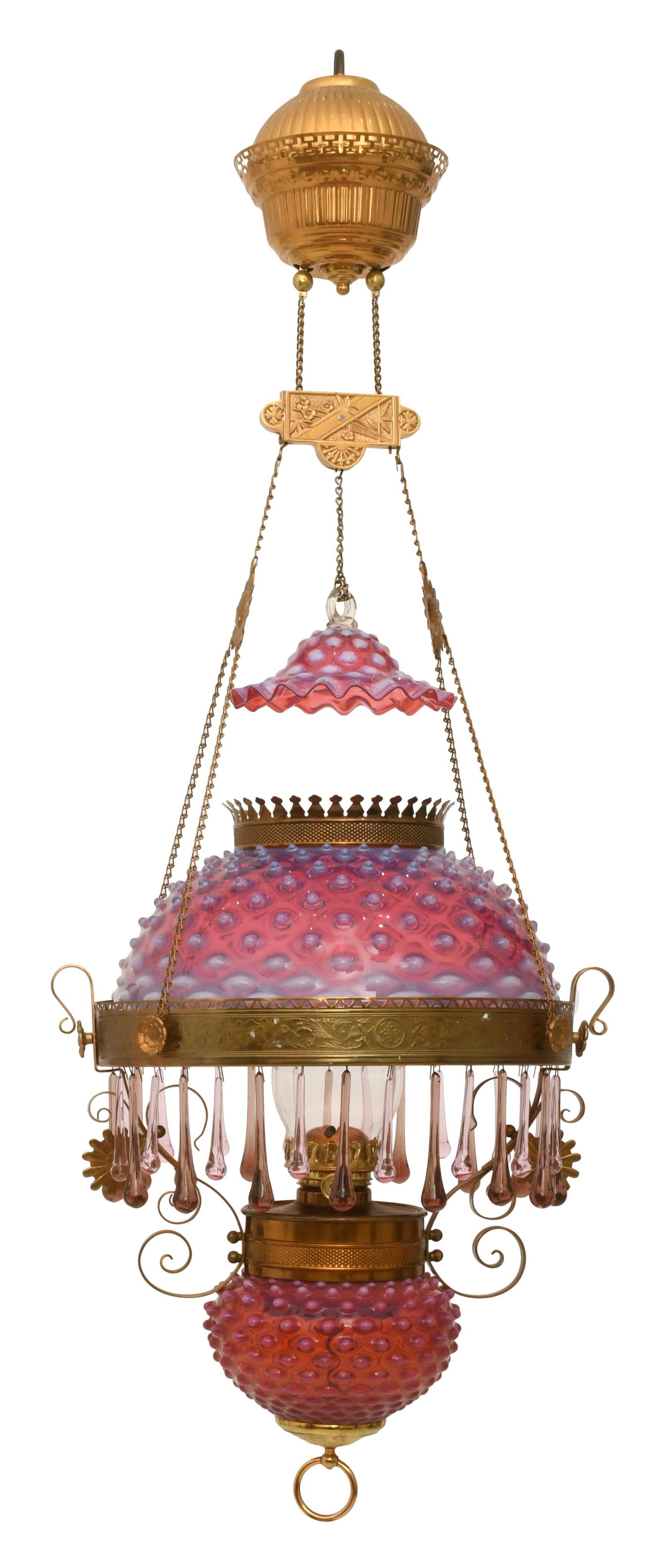 Victorian Brass & Cranberry Opalescent Hobnail Glass Hanging Library Lamp (1 of 5)