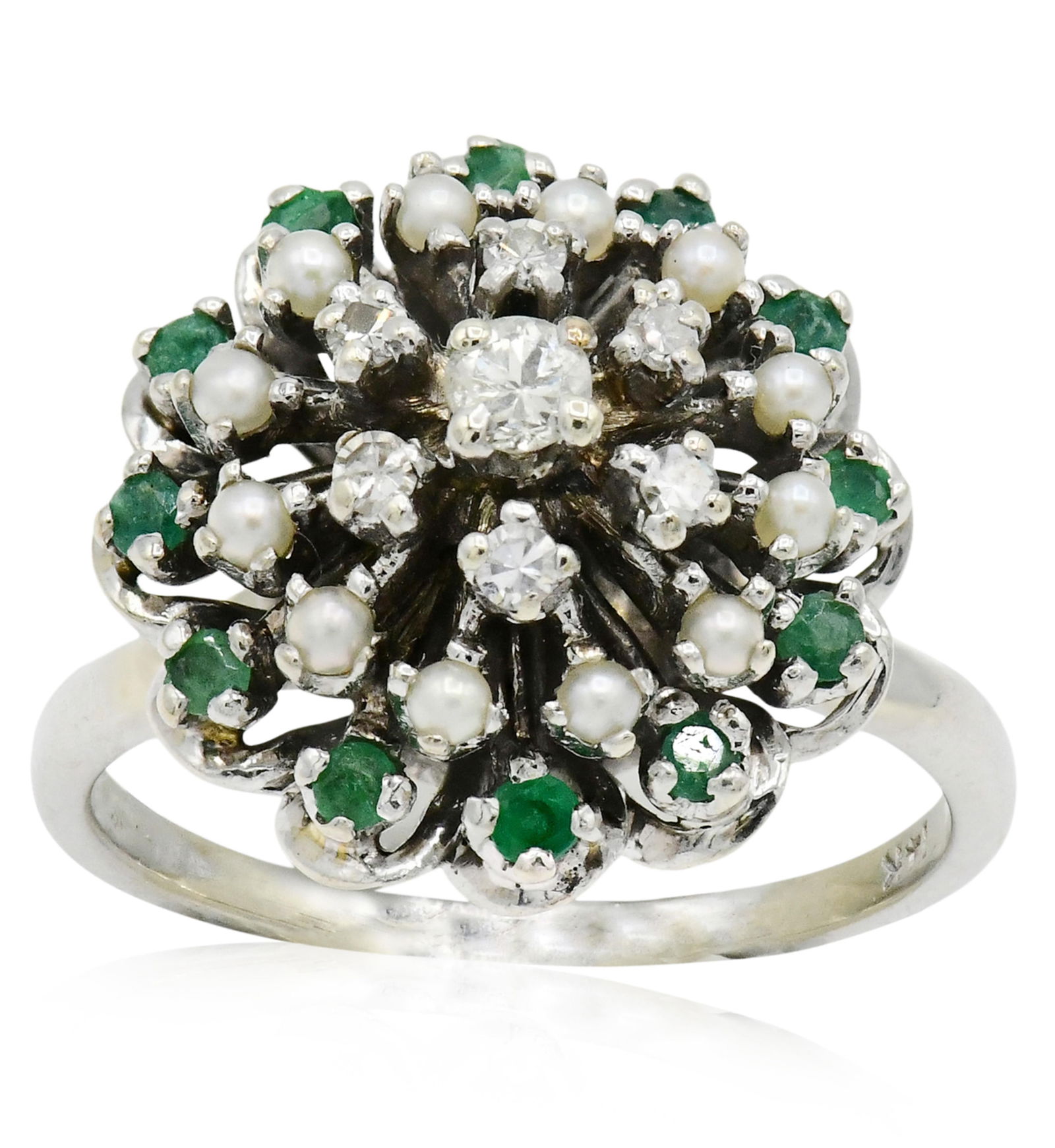 14K White Gold, Diamond, Emerald & Seed Pearl Cluster Ring (1 of 1)