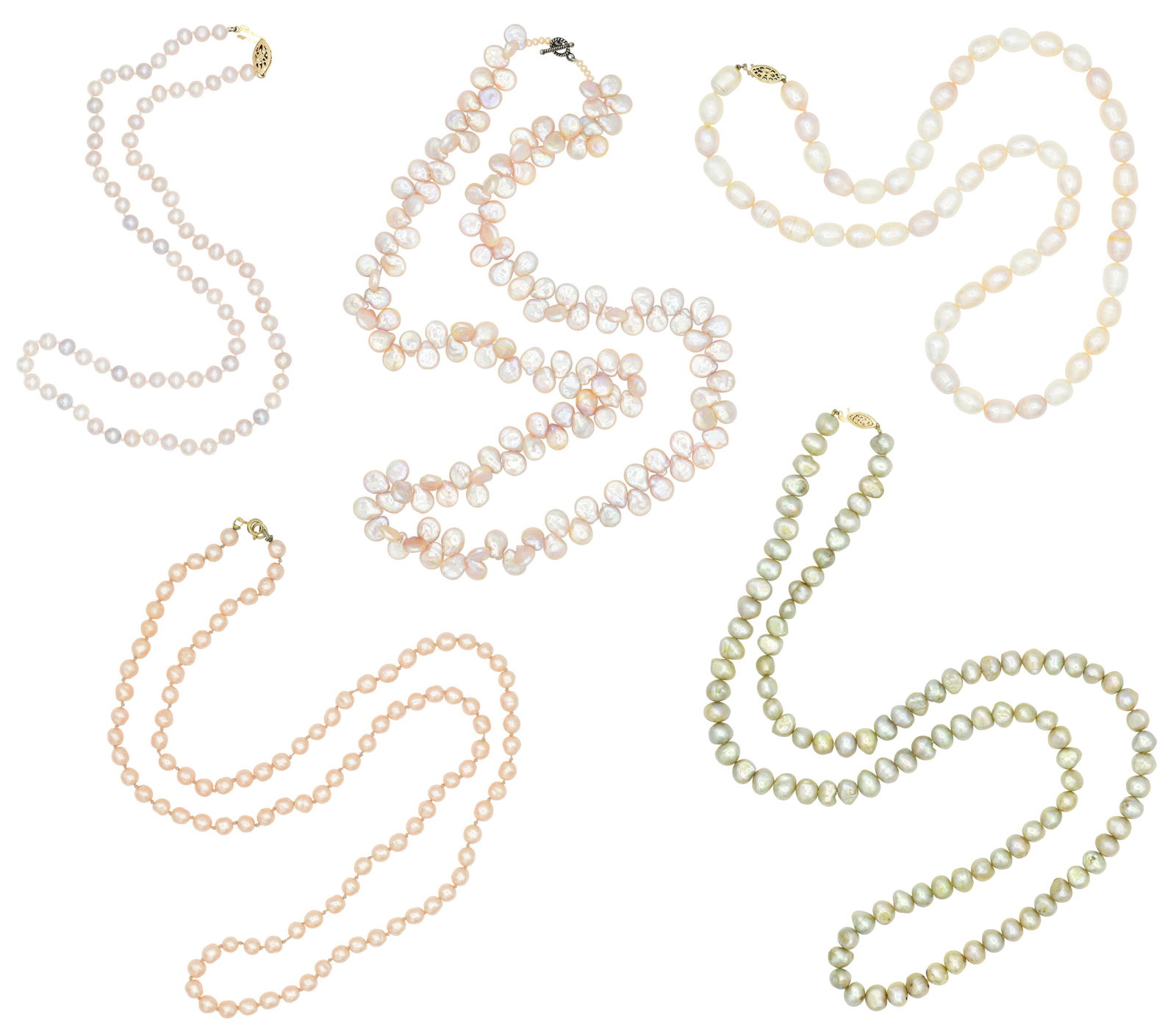 Group of Five Pearl Necklaces: Group of Five Pearl Necklaces • one necklace with a 14K yellow gold clasp • 33 inches (longest necklace) • 310.8 grams (total lot weight) Other Notes: Fontaine's Auction Gallery