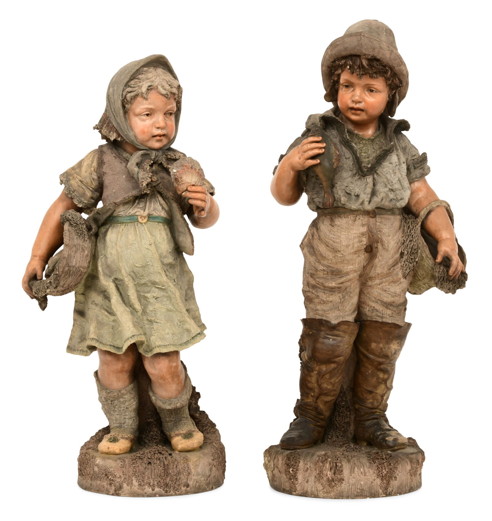Pair of Polychrome-Painted Terracotta Figures of a Girl and Boy: Pair of Polychrome-Painted Terracotta Figures of a Girl and Boy circa 1900 the girl holding a shell and the boy holding a fish, each numbered "314" to the underside 34 x 15 x 11 inches (largest)