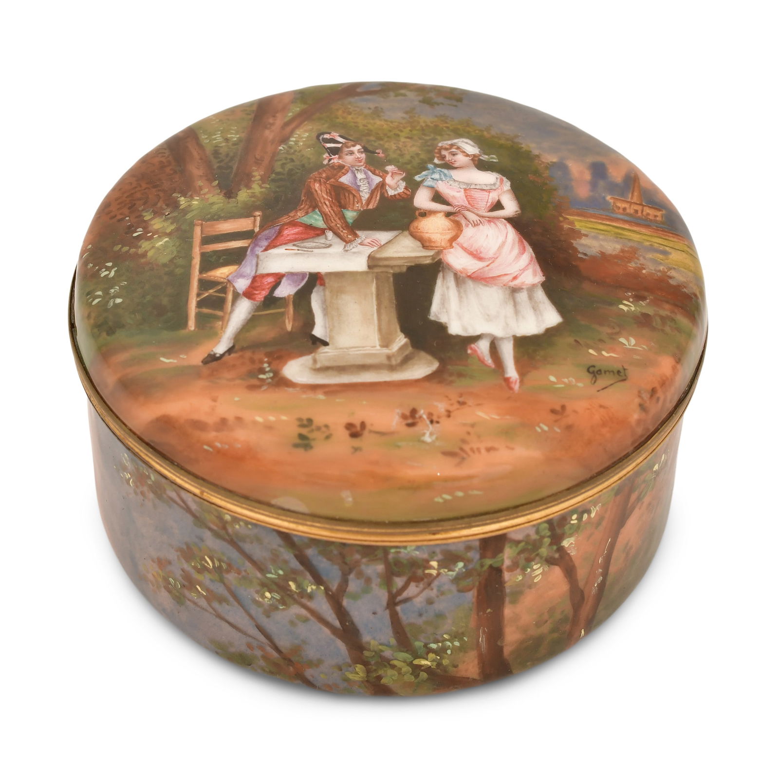 French Enameled Porcelain Box: French Enameled Porcelain Box late 19th century decorated with classical figures in a landscape setting, the lid artist signed "Gamet" 2 3/4 x 5 inches Other Notes: Fontaine's Auction Gallery can