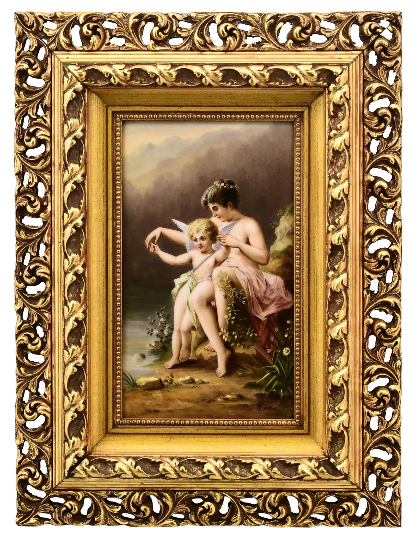 Austrian Hand-Painted Porcelain Plaque of Venus and Amor, Mermod & Jaccard Jewelry Co.: Austrian Hand-Painted Porcelain Plaque of Venus and Amor, Mermod & Jaccard Jewelry Co. circa 1900 marked "Made In Austria, Mermod & Jaccard Jewelry Co., Venus and Amor" and artist signed 'Forster" 9