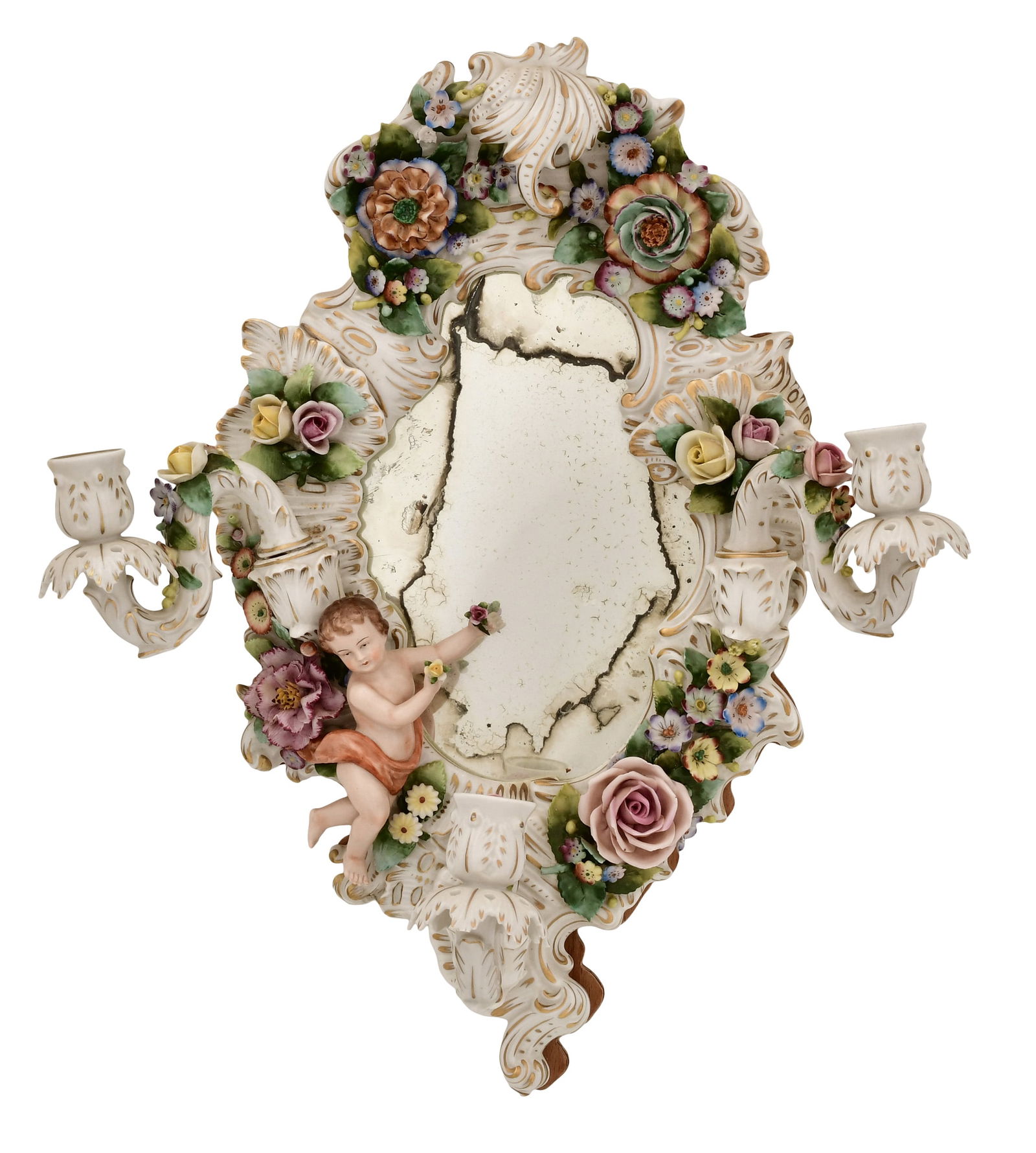 Sitzendorf Porcelain Mirror with Candle Holders: Sitzendorf Porcelain Mirror with Candle Holders early 20th century with flowers, foliate and a putto, signed on the reverse 19 x 16 x 6 1/2 inches