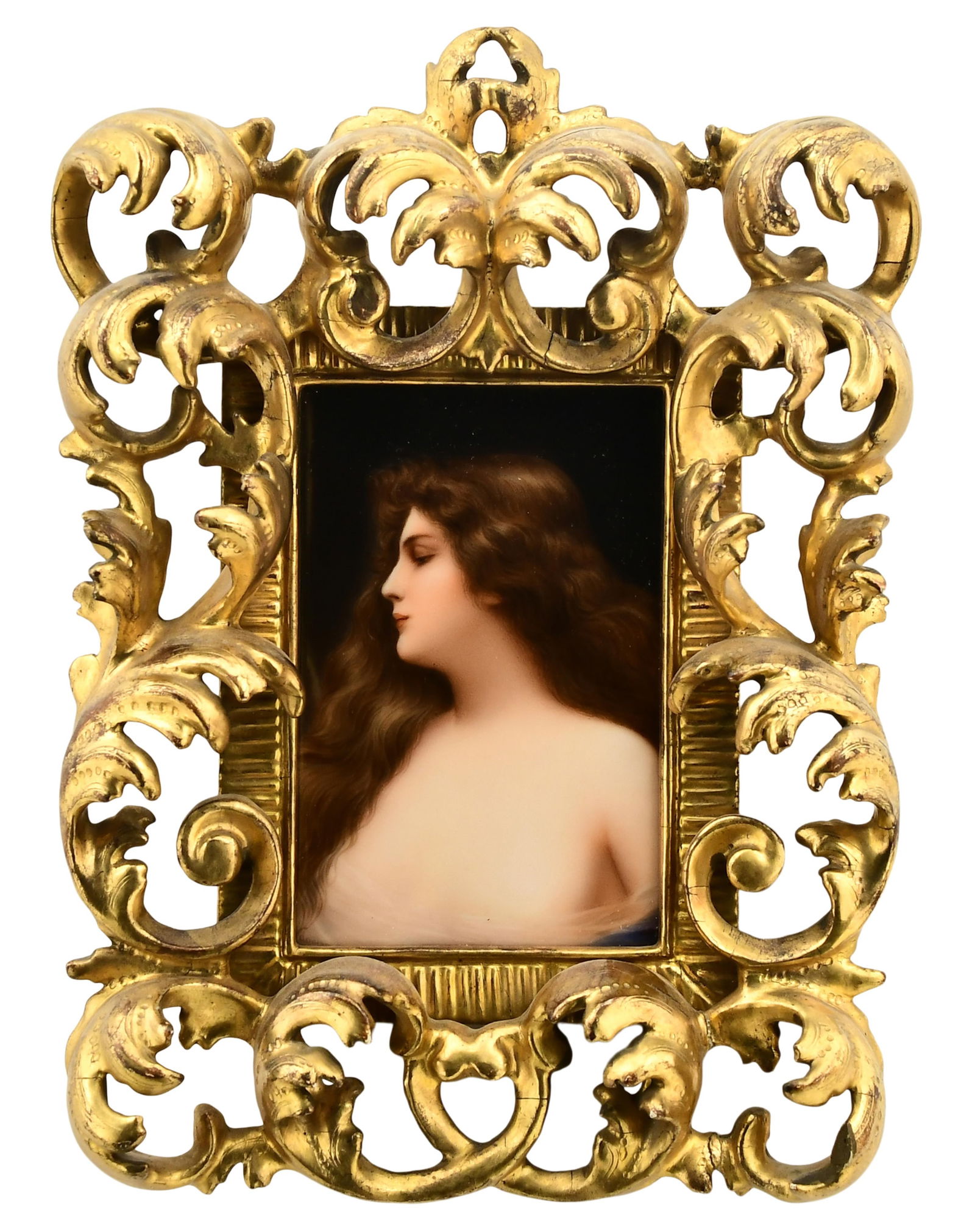 German Hand-Painted Porcelain Plaque of a Woman, "Erbl?ht": German Hand-Painted Porcelain Plaque of a Woman, "Erbl?ht"late 19th centurypainted after Angelo Asti (Italian, 1847-1903), artist signed to the lower left6 x 4 inches (plaque)11 3/4 x 8 inches (frame)