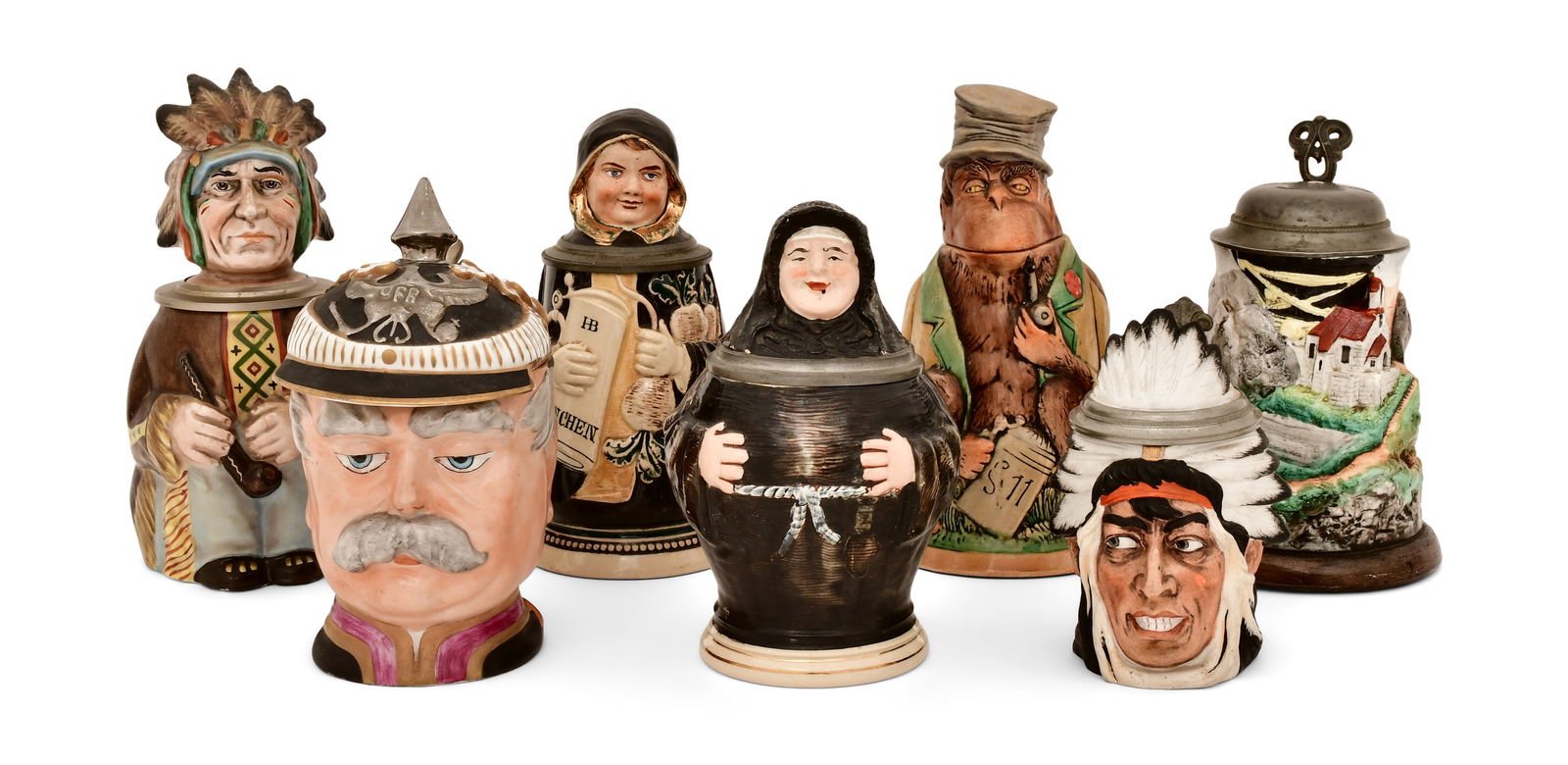Lot of Seven Stoneware Figural Steins (1 of 1)