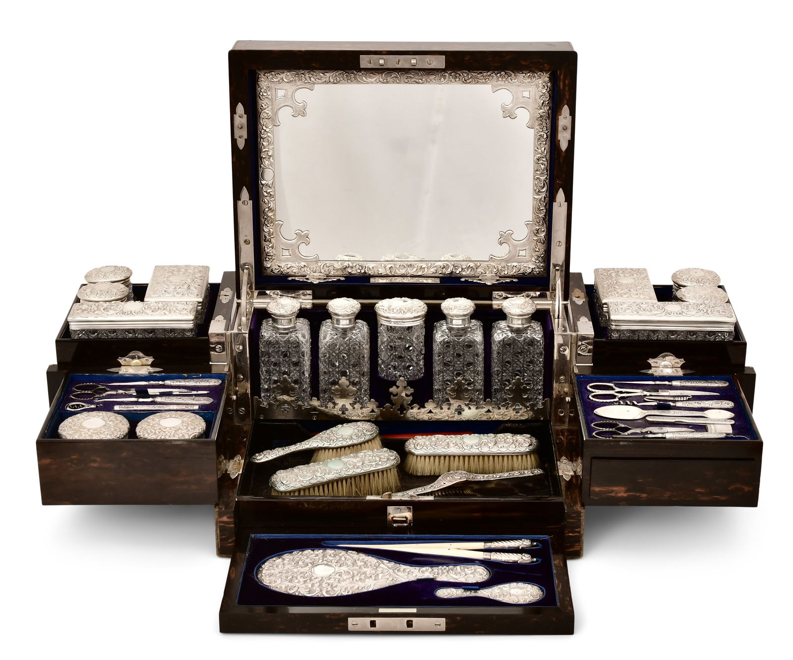 English Brass-Mounted, Sterling Silver & Cut Glass Vanity Case (1 of 1)