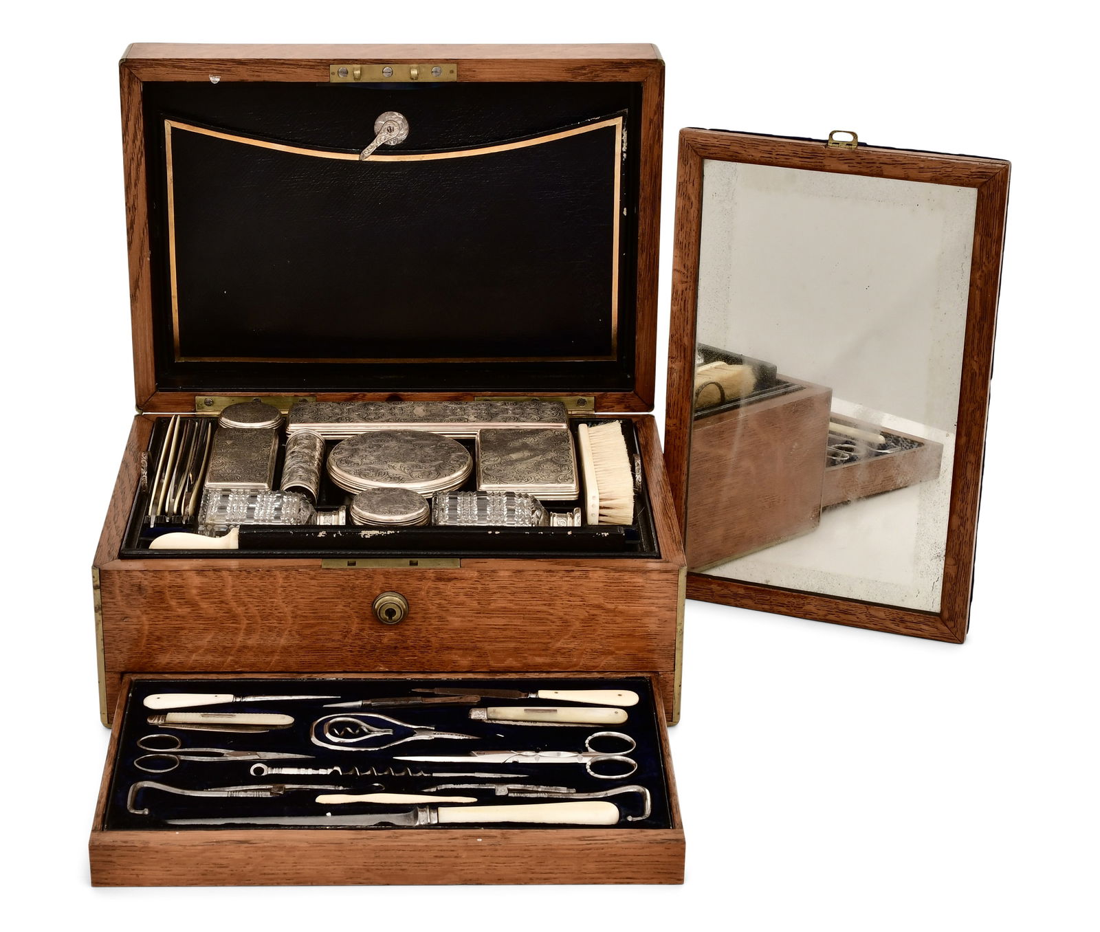 English Brass-Mounted Oak & Sterling Silver Vanity Case, Asprey Maker, London (1 of 1)