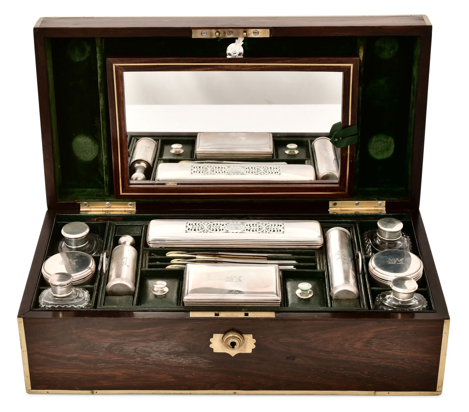 English Brass-Mounted Rosewood & Sterling Silver Vanity Case (1 of 8)