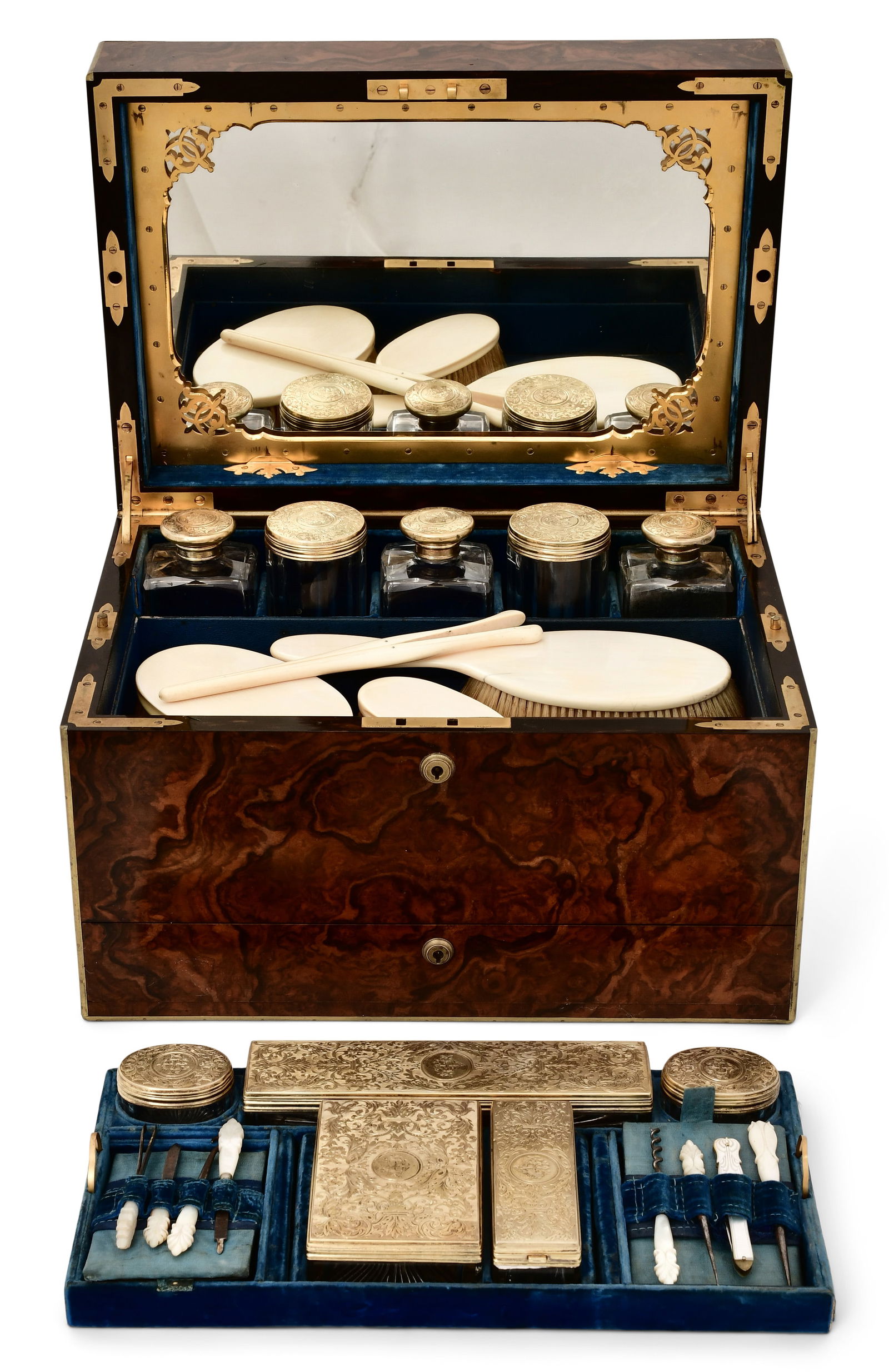 English Brass-Mounted Burlwood & Gilt Sterling Silver Vanity Case (1 of 13)