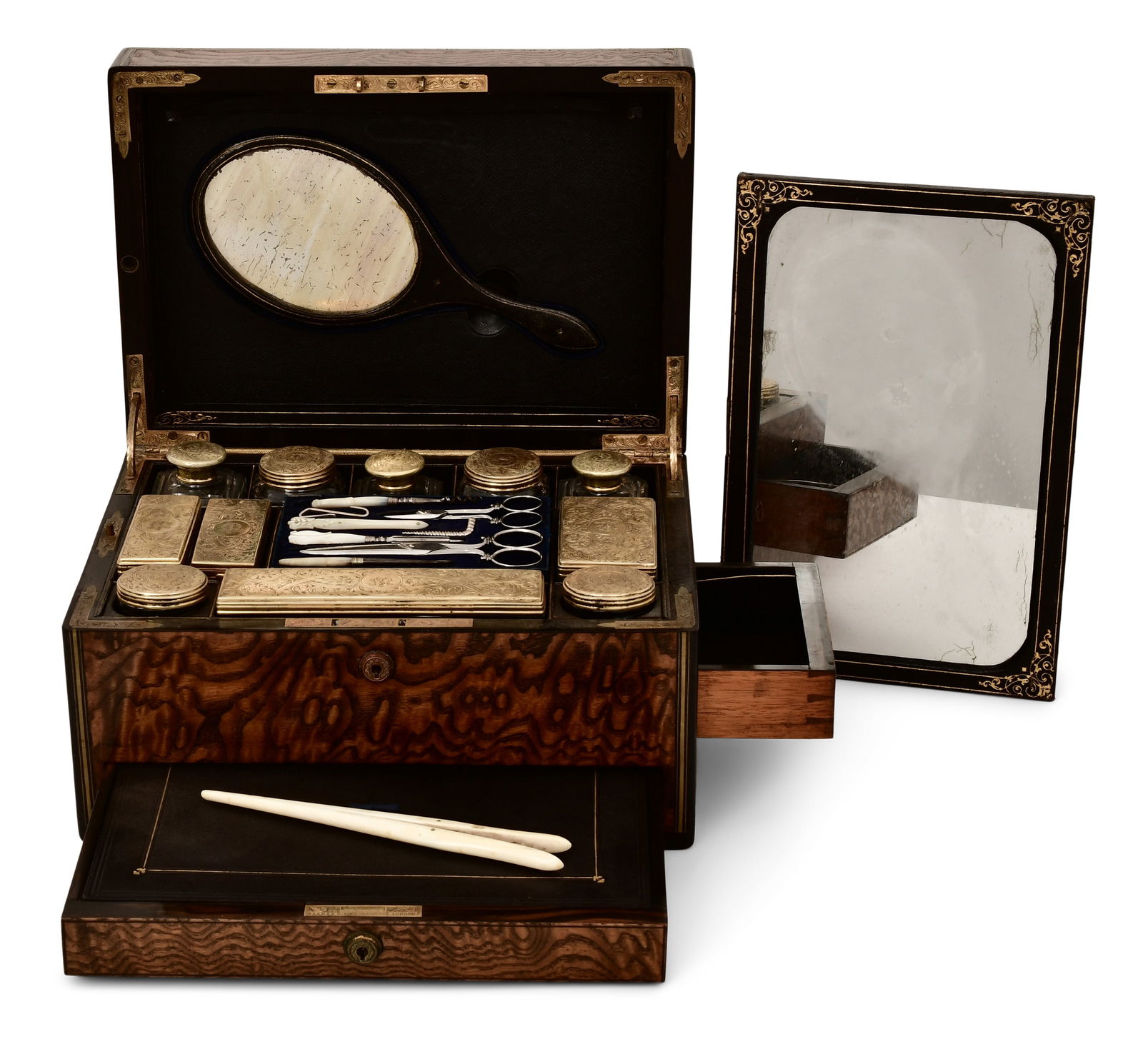 English Brass-Mounted Burlwood & Gilt Sterling Silver Vanity Case (1 of 7)