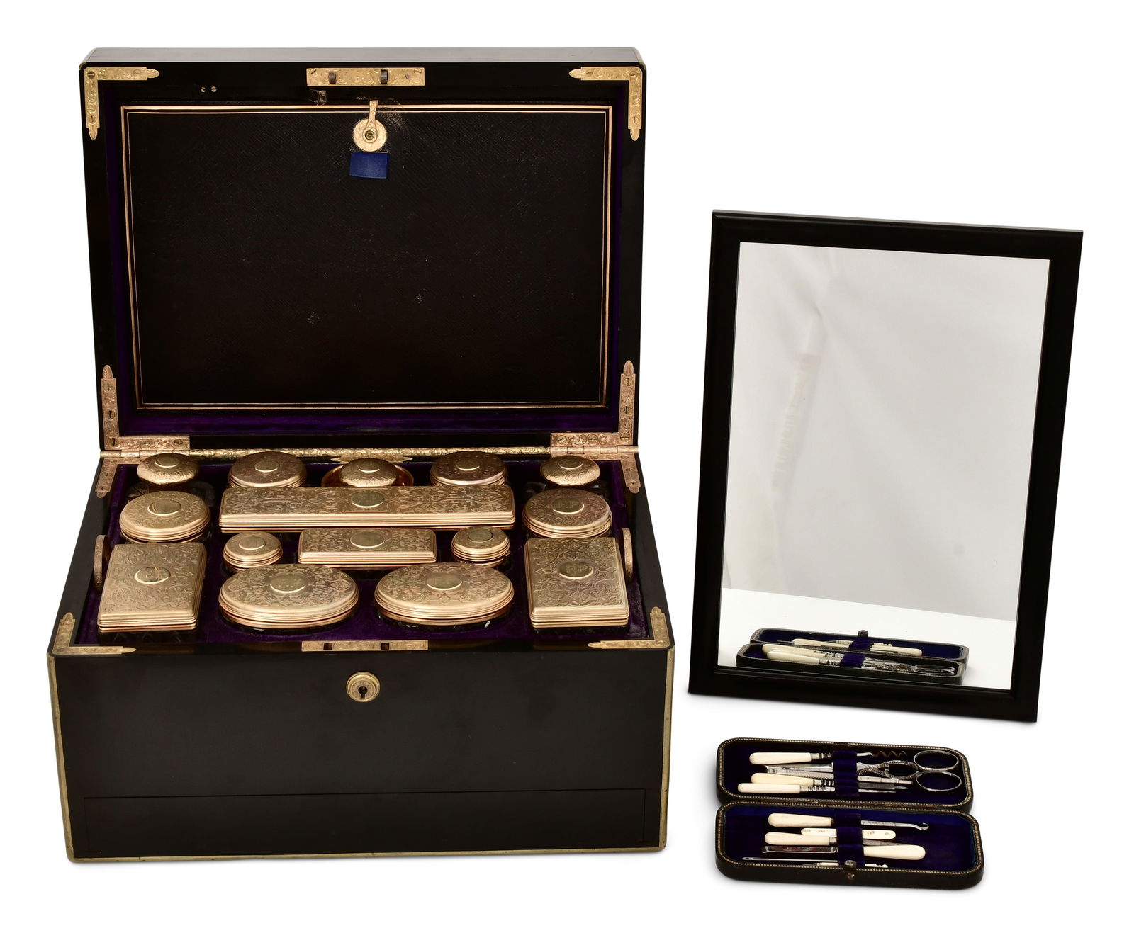 English Brass-Mounted Rosewood & Gilt Sterling Silver Vanity Case by F. West, Manufacturer to Her (1 of 11)