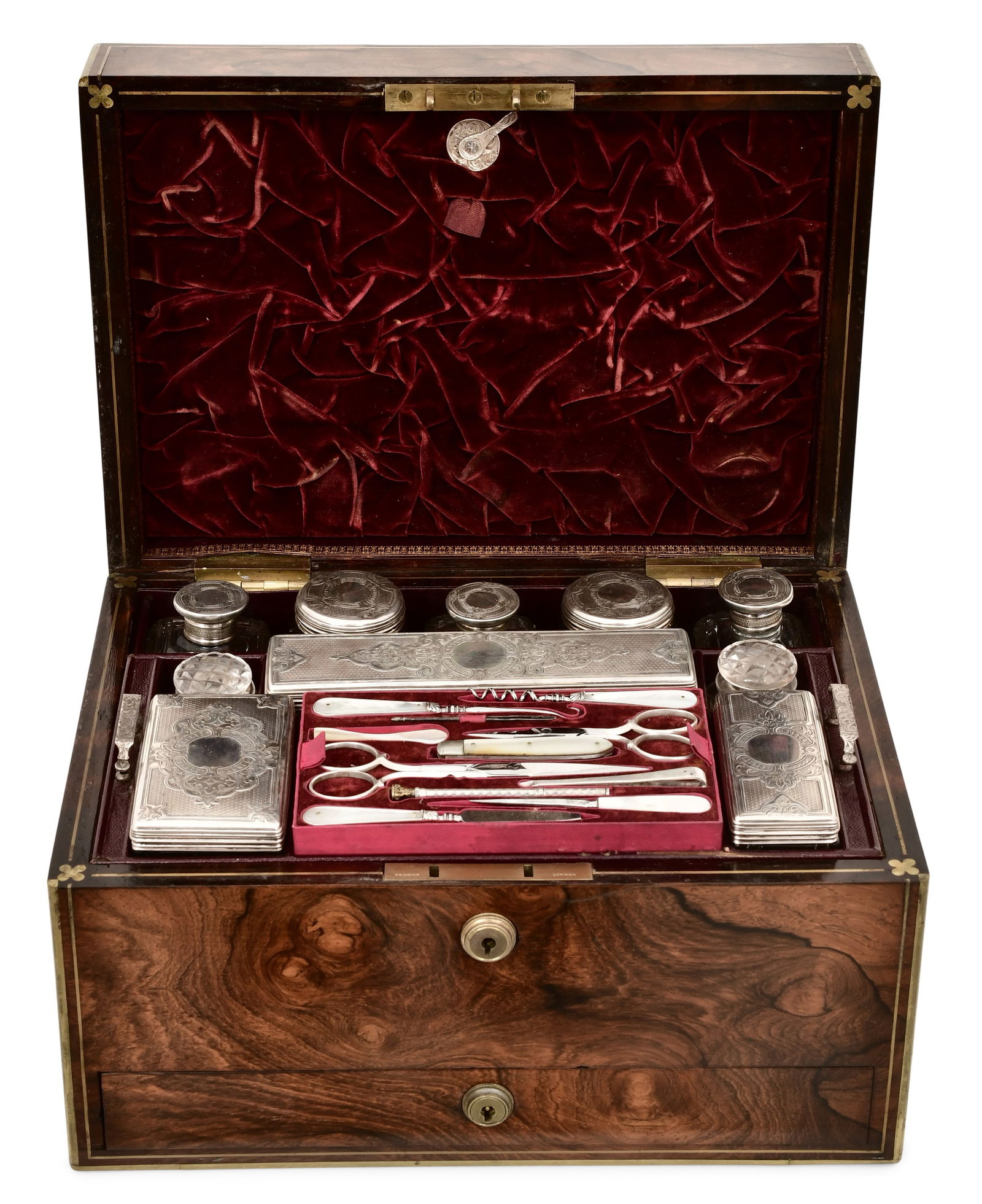English Brass-Mounted Burlwood & Sterling Silver Vanity Case, Howell & James, Regent Street, London (1 of 1)