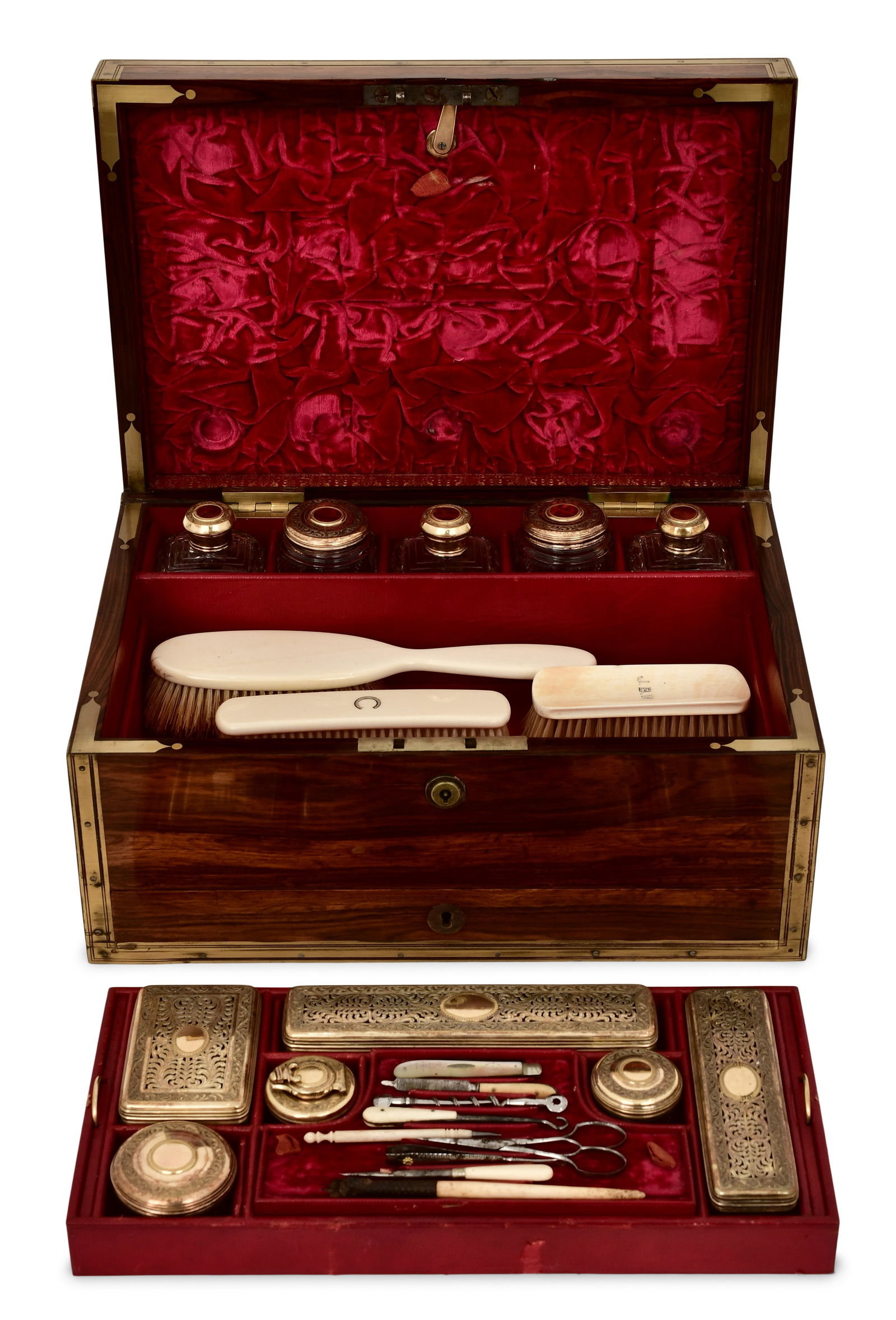 English Brass-Mounted Rosewood & Sterling Silver Vanity Case (1 of 1)